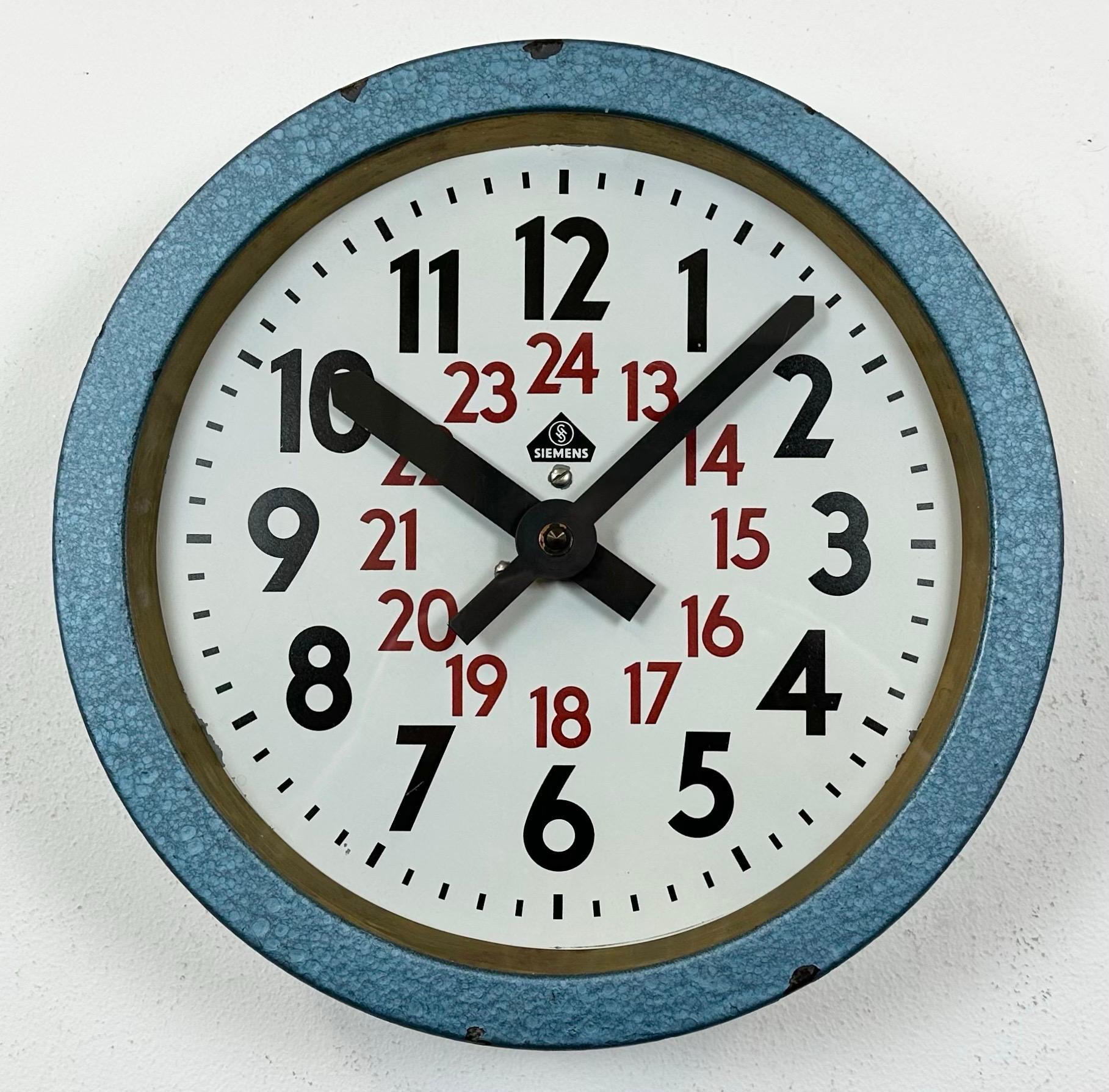 German Blue Industrial Factory Wall Clock from Siemens, 1960s For Sale