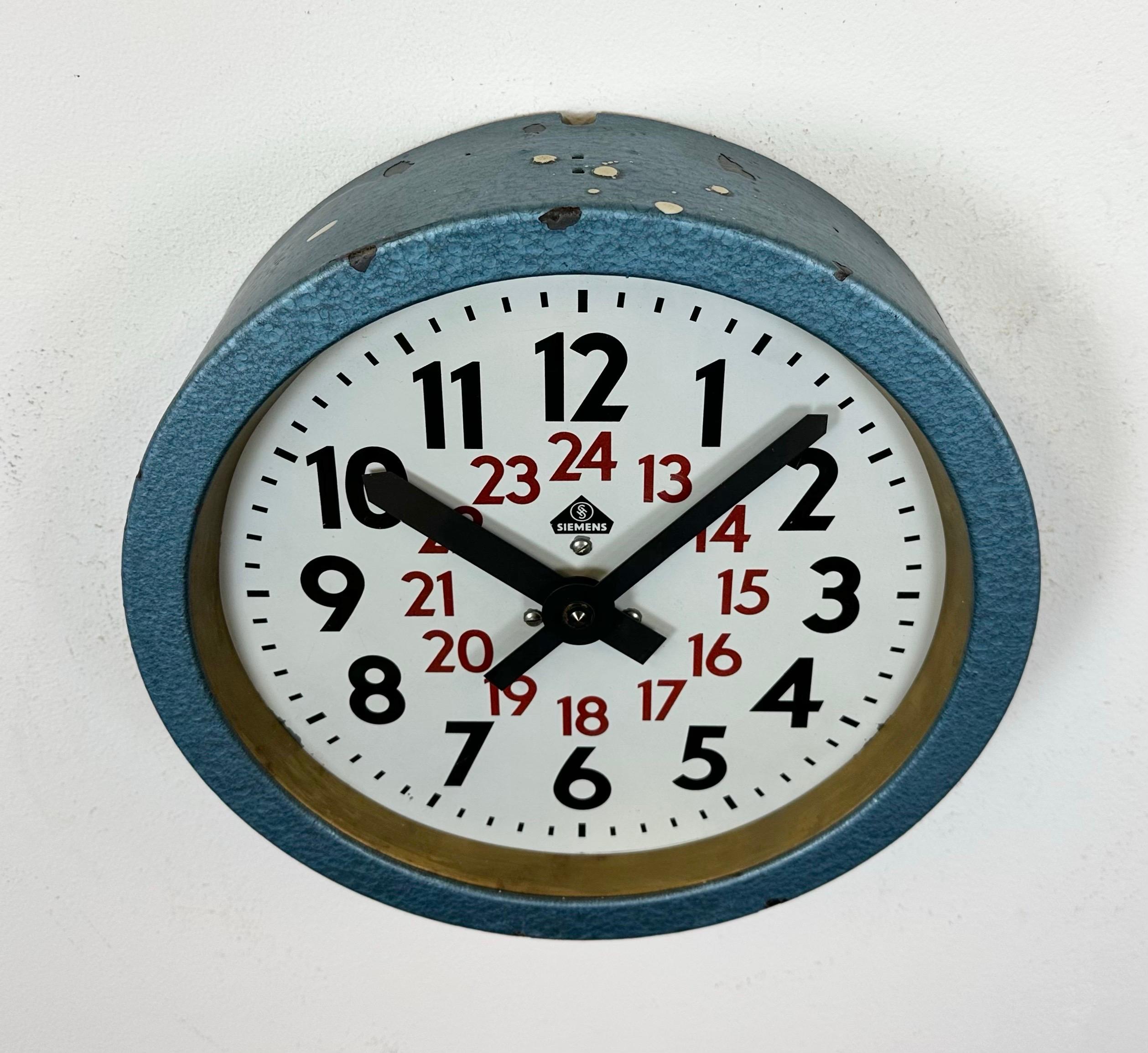 Glass Blue Industrial Factory Wall Clock from Siemens, 1960s For Sale