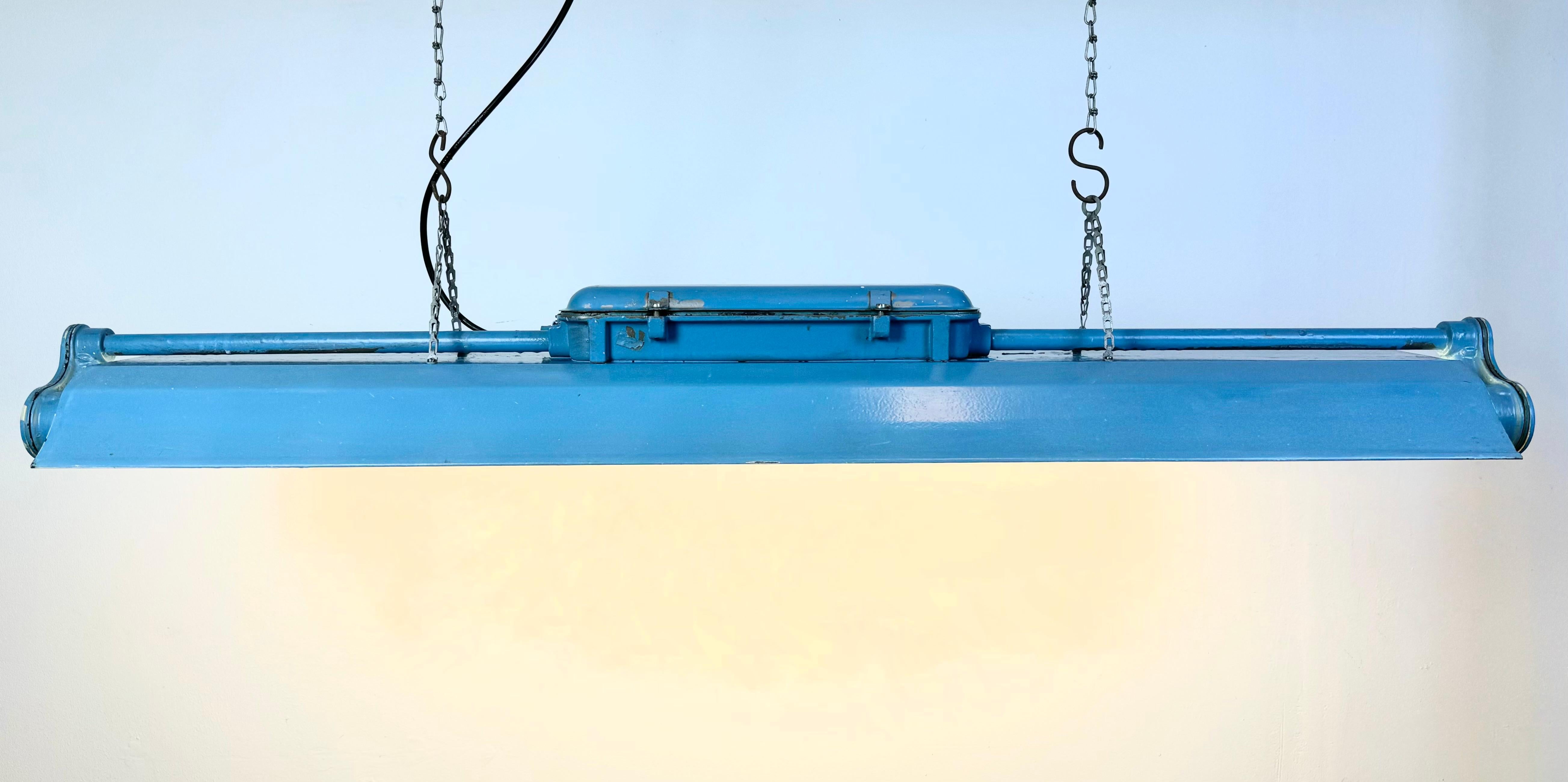 Blue Industrial Hanging Tube Light from Polam Gdansk, 1970s For Sale 5