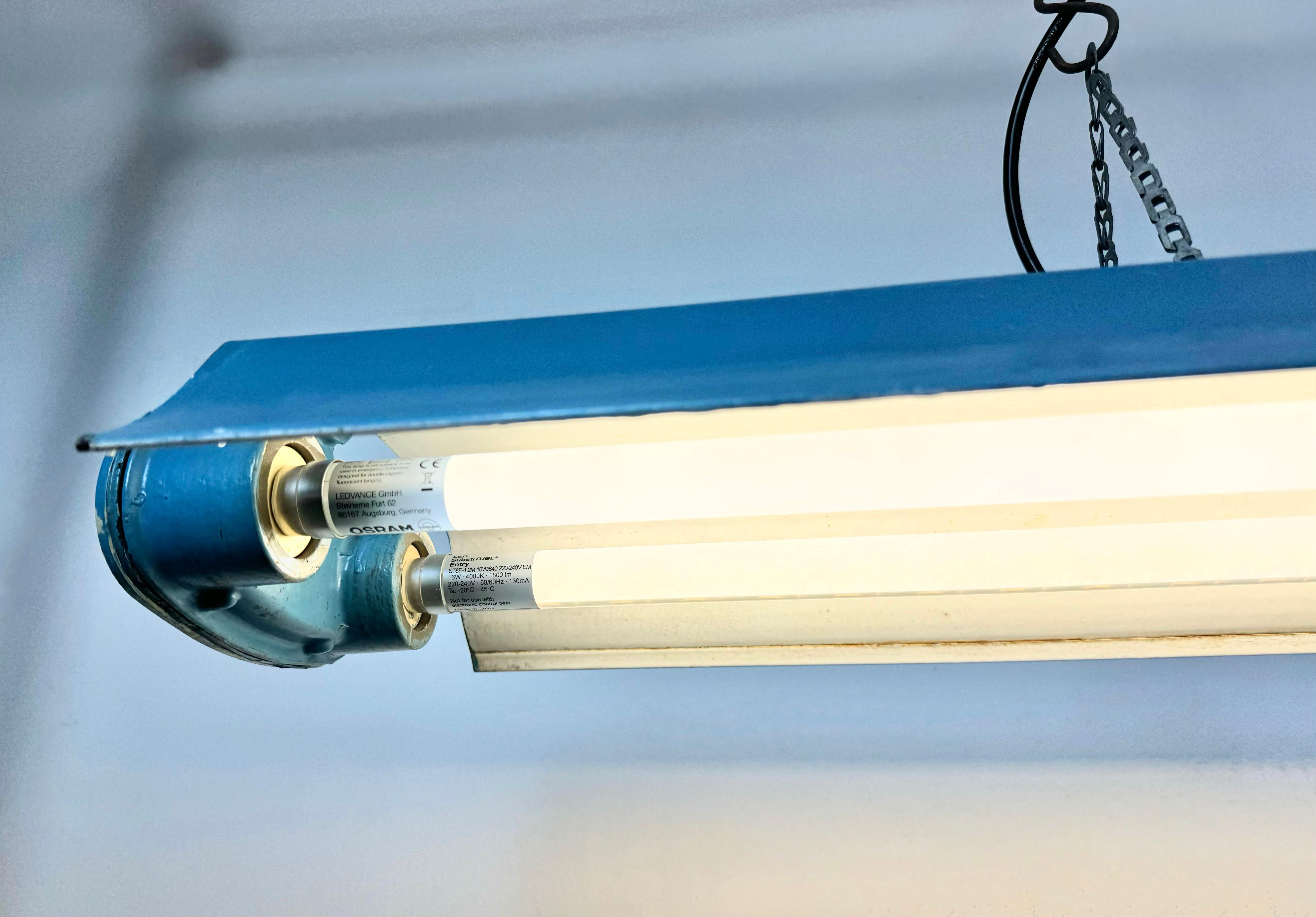 Blue Industrial Hanging Tube Light from Polam Gdansk, 1970s For Sale 8