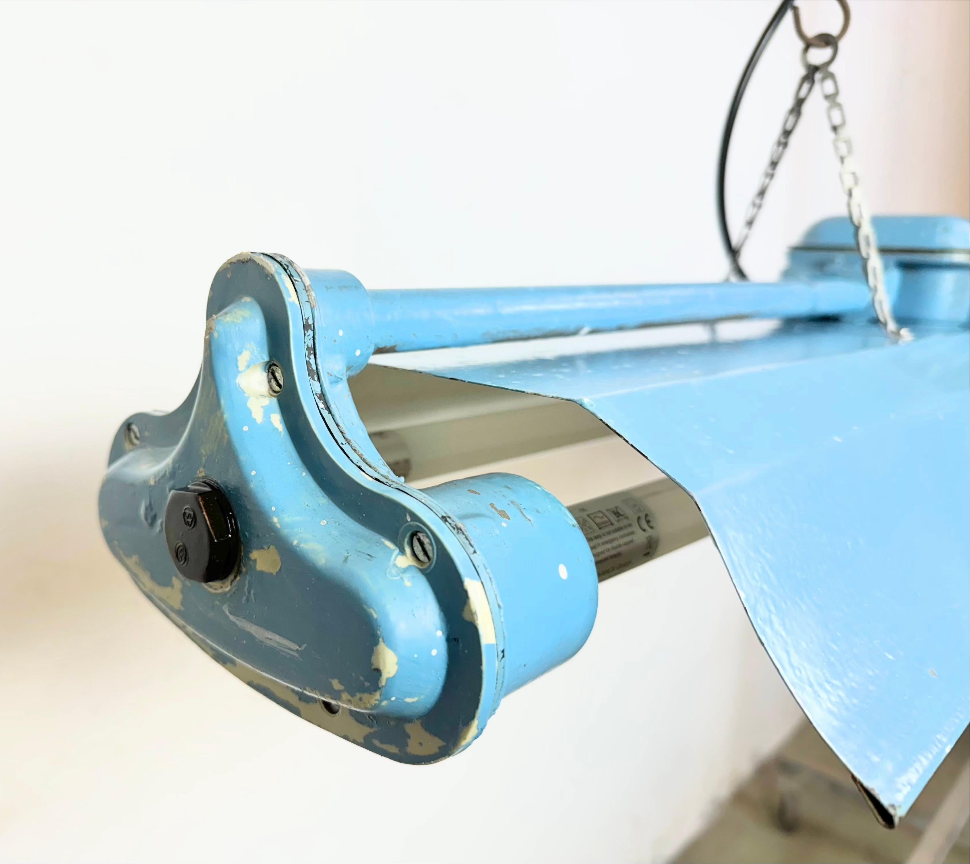 Blue Industrial Hanging Tube Light from Polam Gdansk, 1970s In Good Condition For Sale In Kojetice, CZ