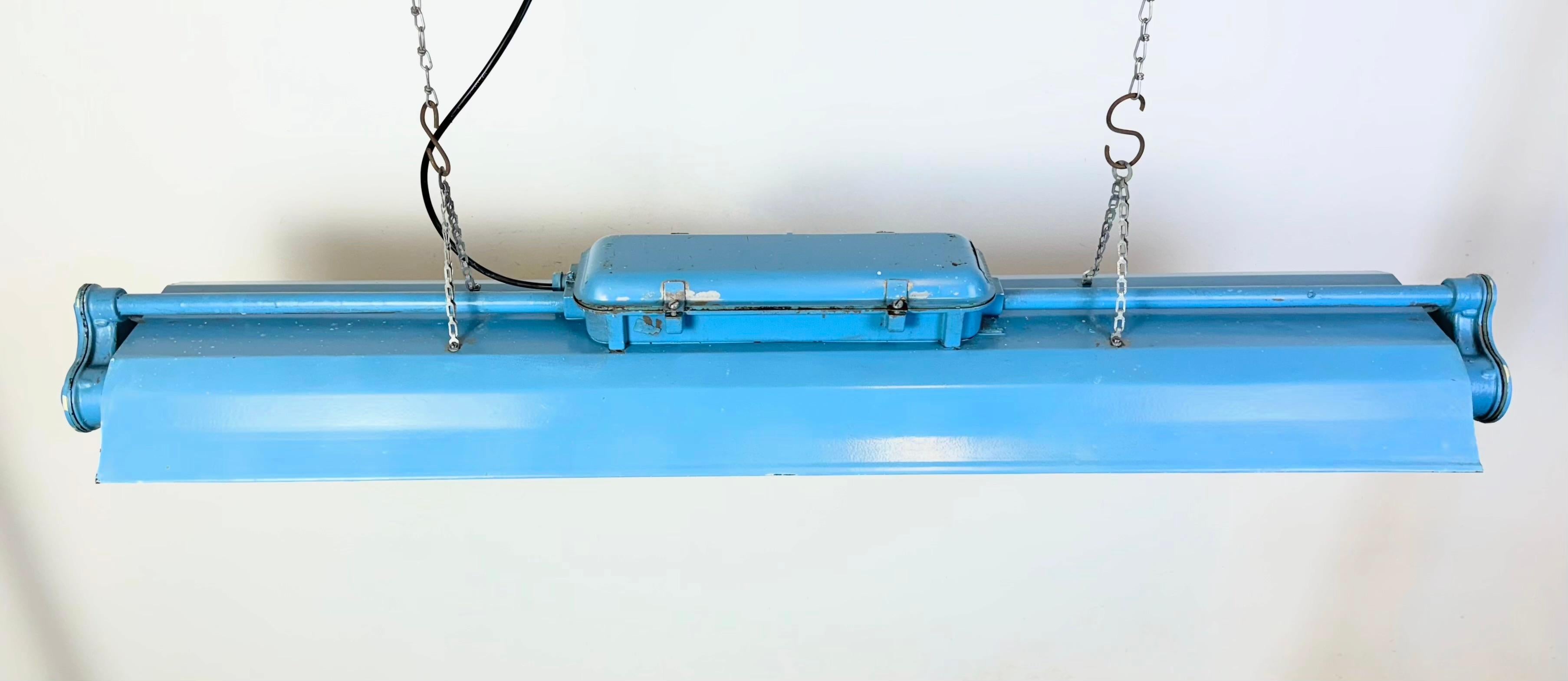 Blue Industrial Hanging Tube Light from Polam Gdansk, 1970s For Sale 2