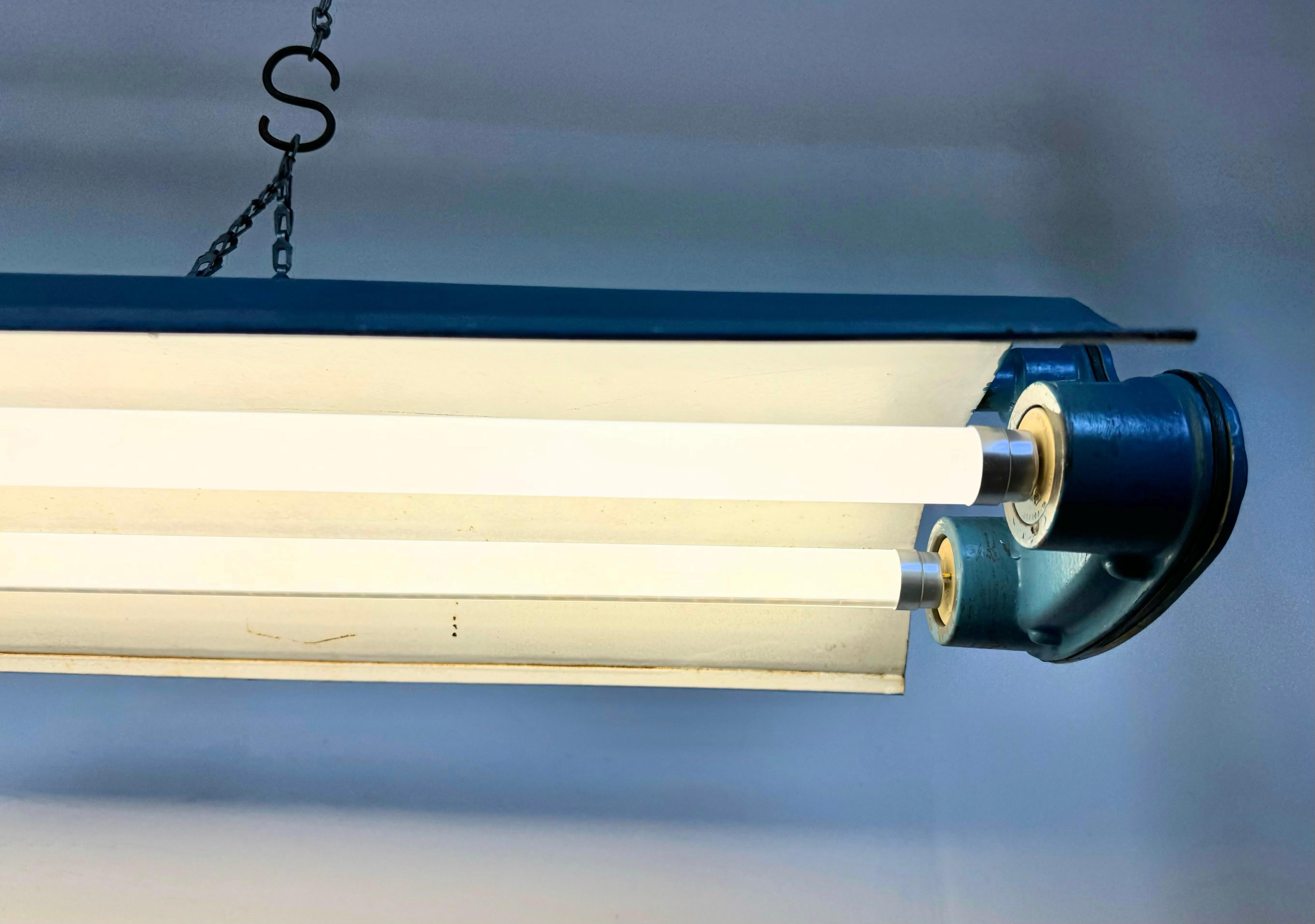 Blue Industrial Hanging Tube Light from Polam Gdansk, 1970s For Sale 3