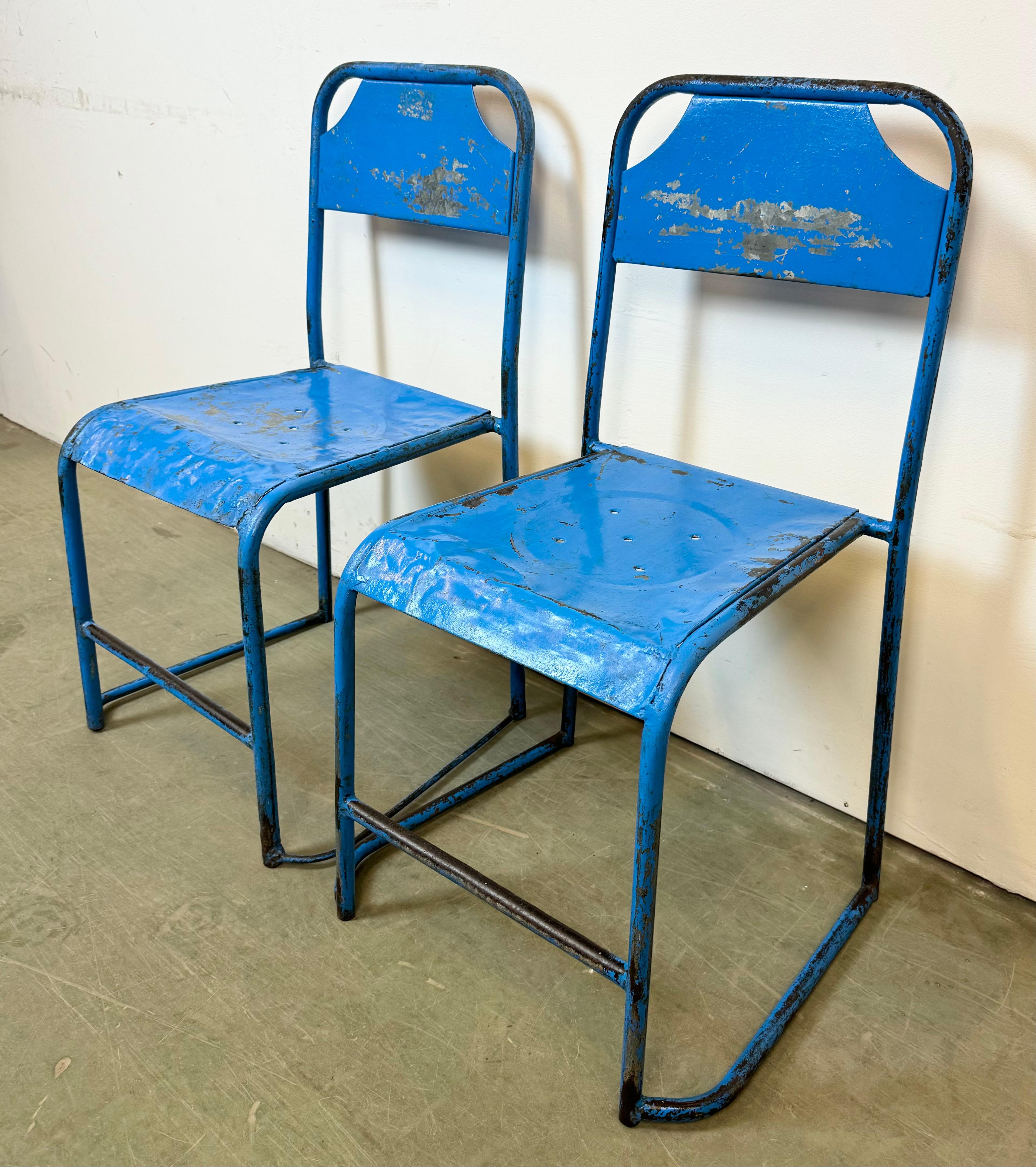 Czech Blue Industrial Iron Chairs, Set of 2, 1950s For Sale