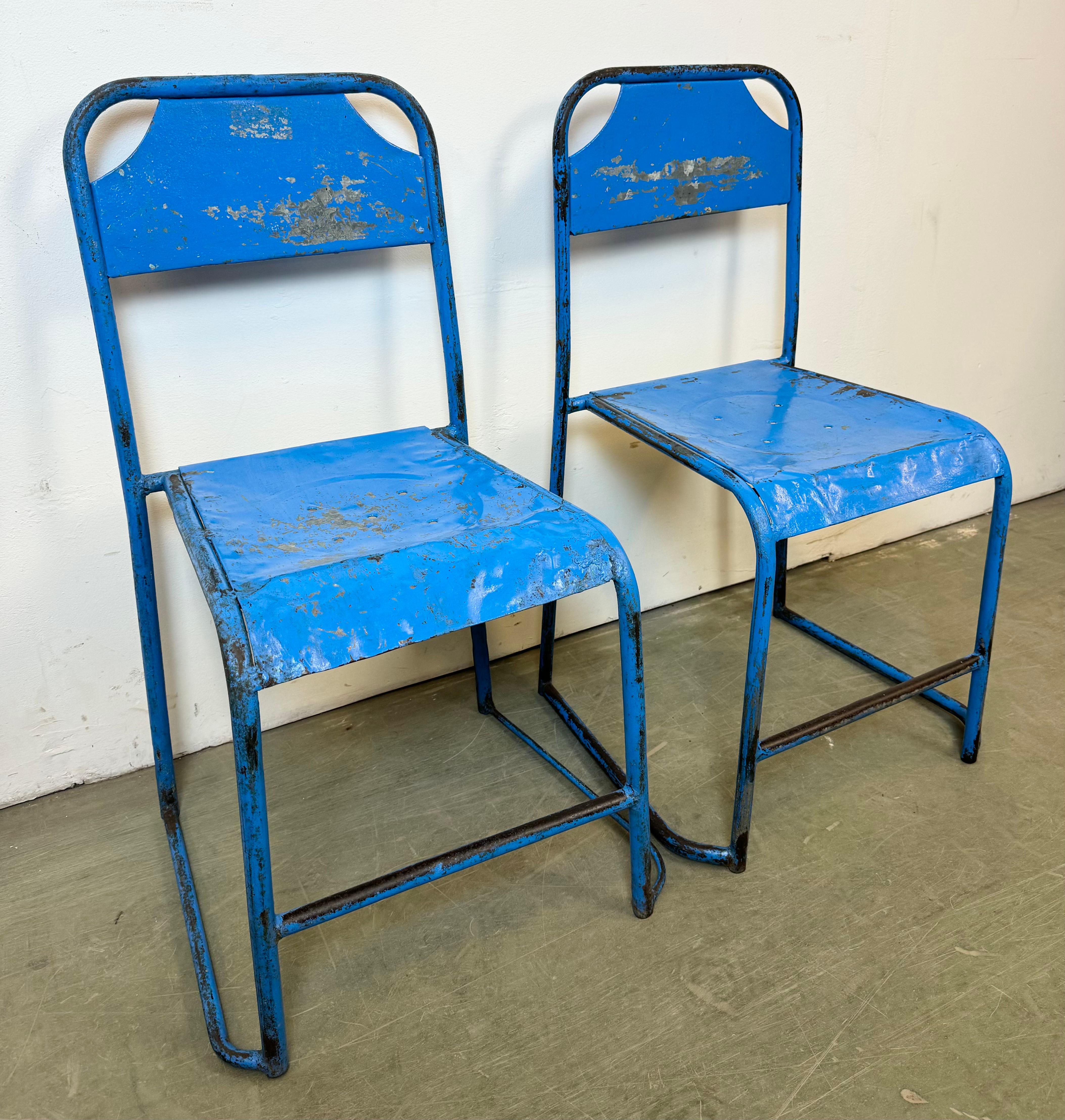Blue Industrial Iron Chairs, Set of 2, 1950s In Fair Condition For Sale In Kojetice, CZ