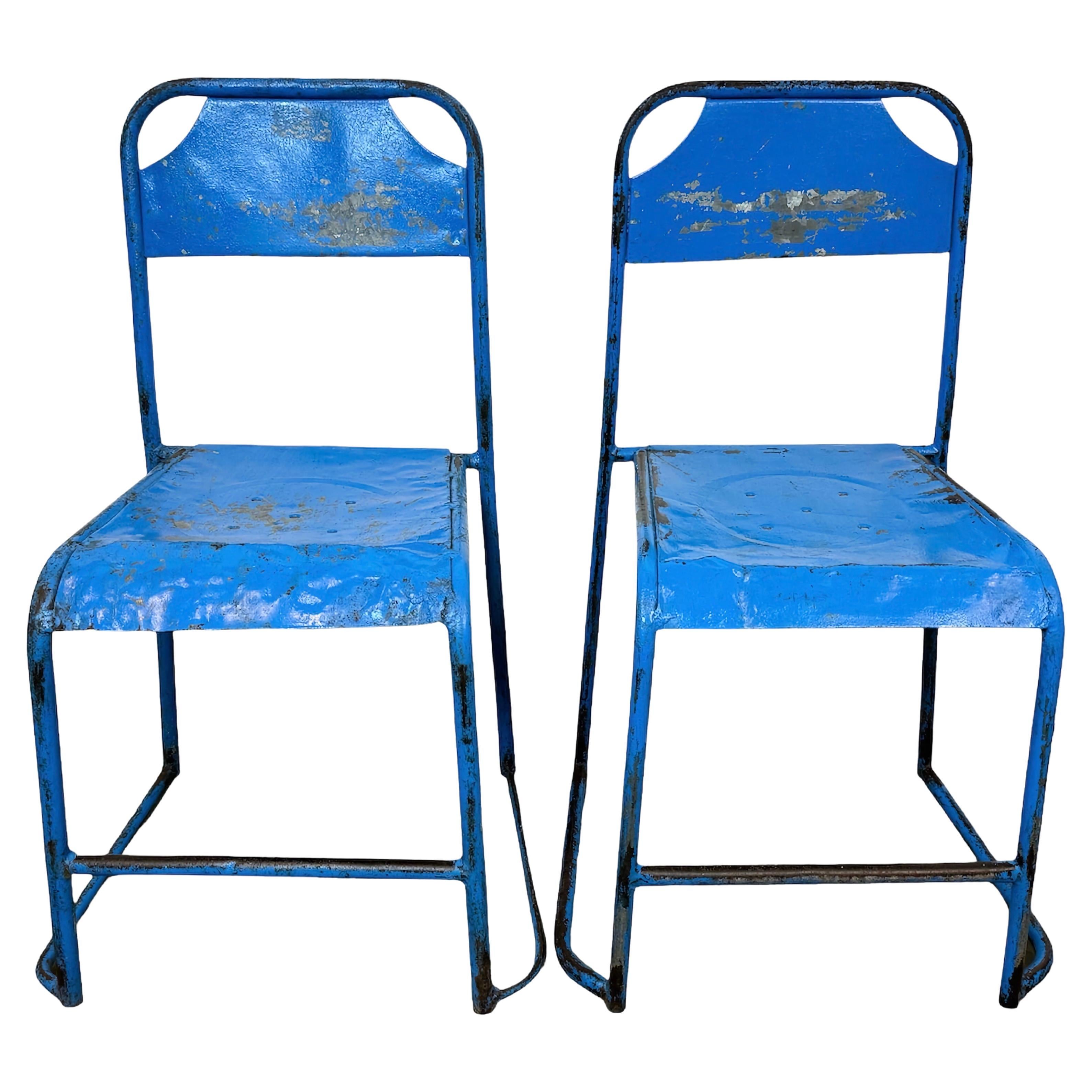 Chaises industrielles bleues en fer, ensemble de 2, années 1950