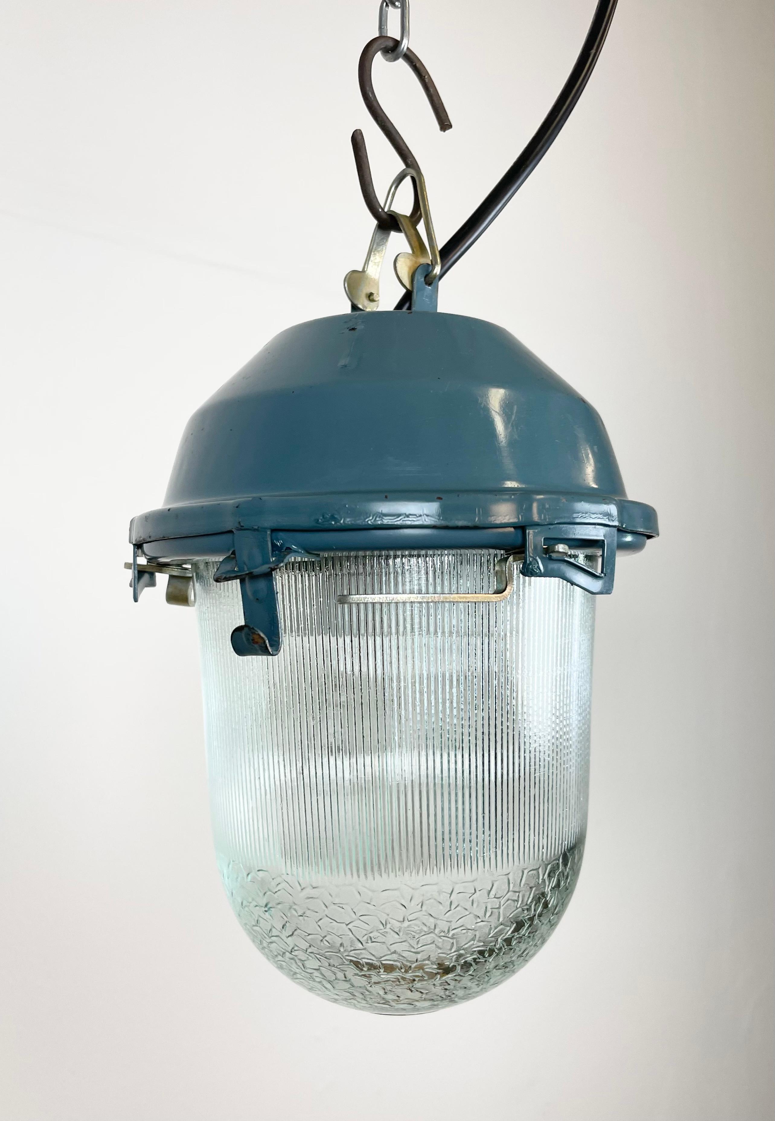 Glass Blue Industrial Soviet Bunker Pendant Light, 1970s For Sale