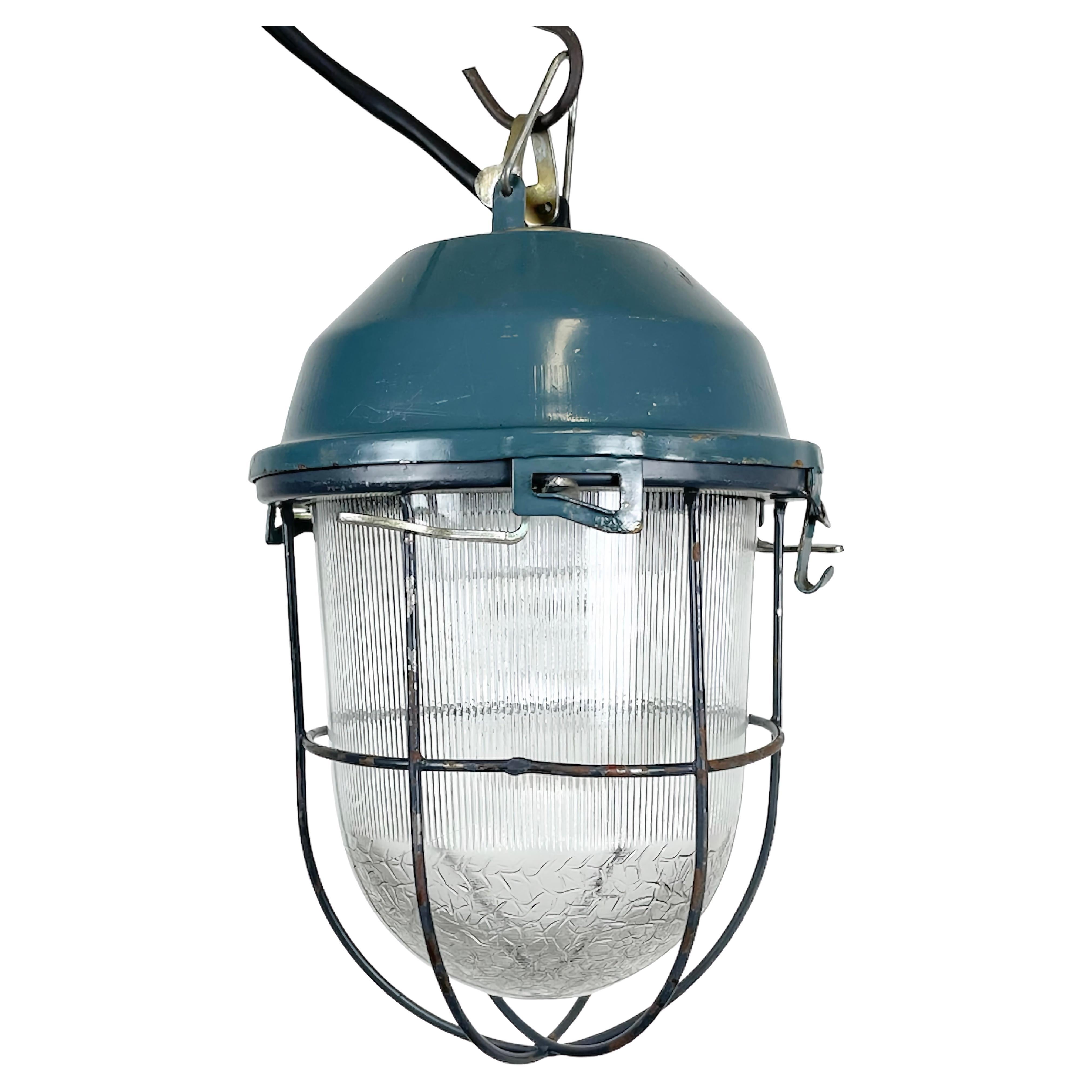 Blue Industrial Soviet Bunker Pendant Light with Iron Grid, 1970s