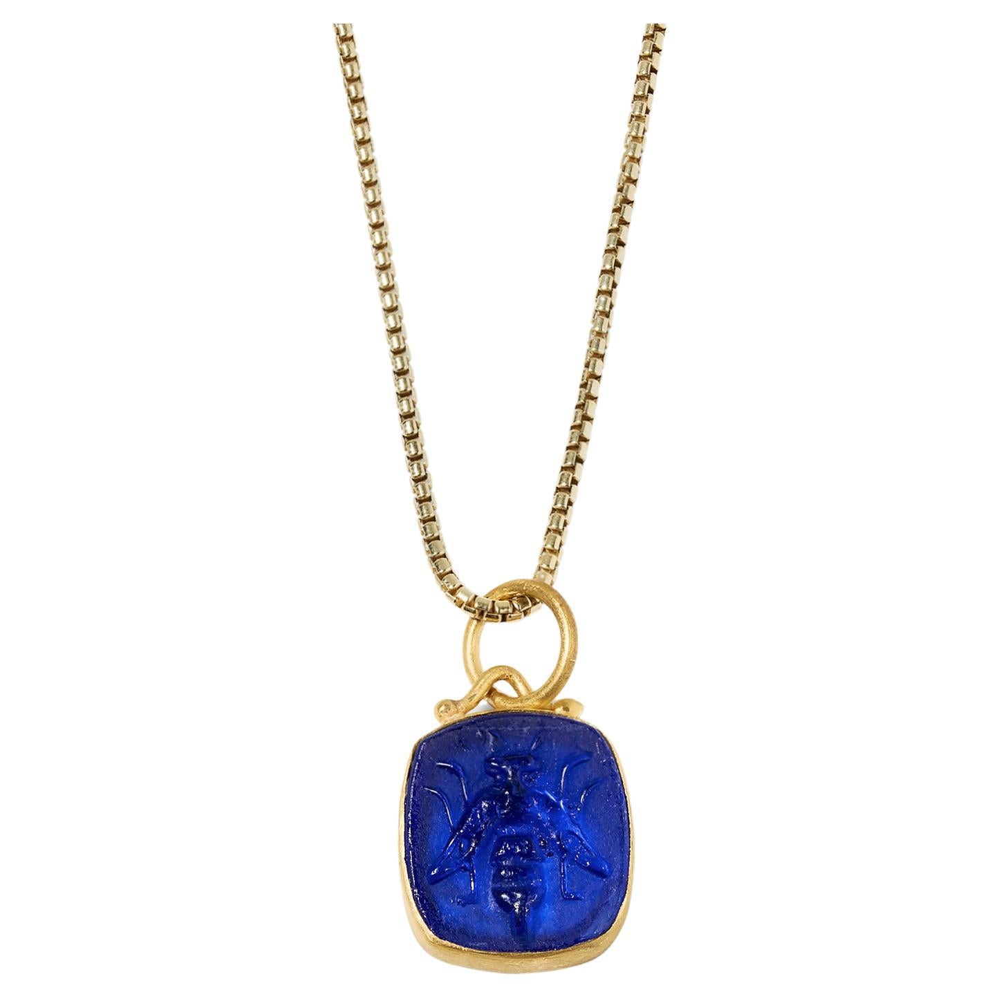 Blue Intaglio Bee Pendant, 24K Gold Framed Necklace
