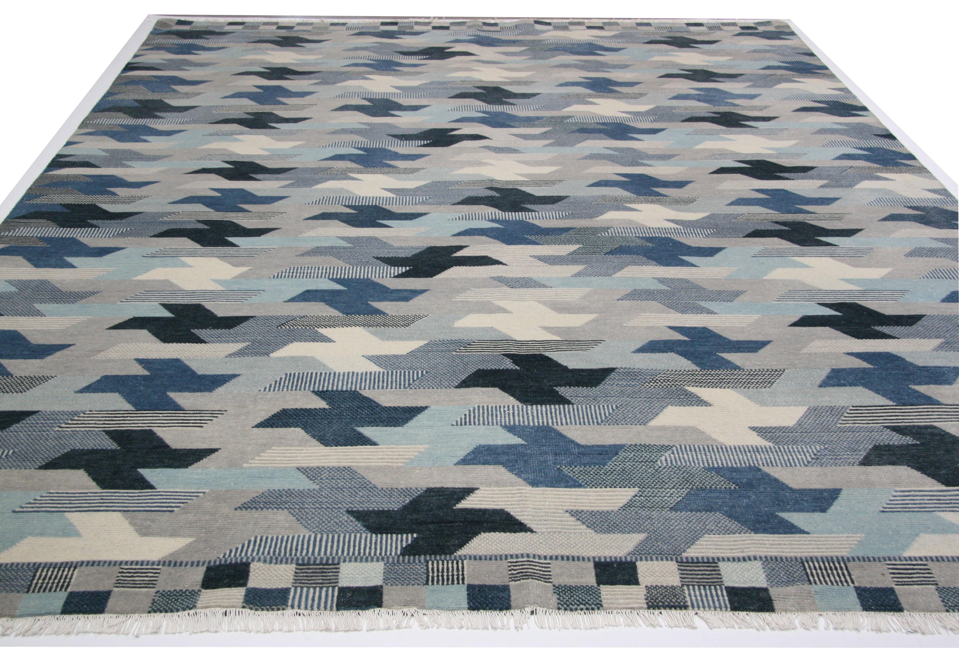 Indian Blue Interlocking Puzzle Area Rug For Sale