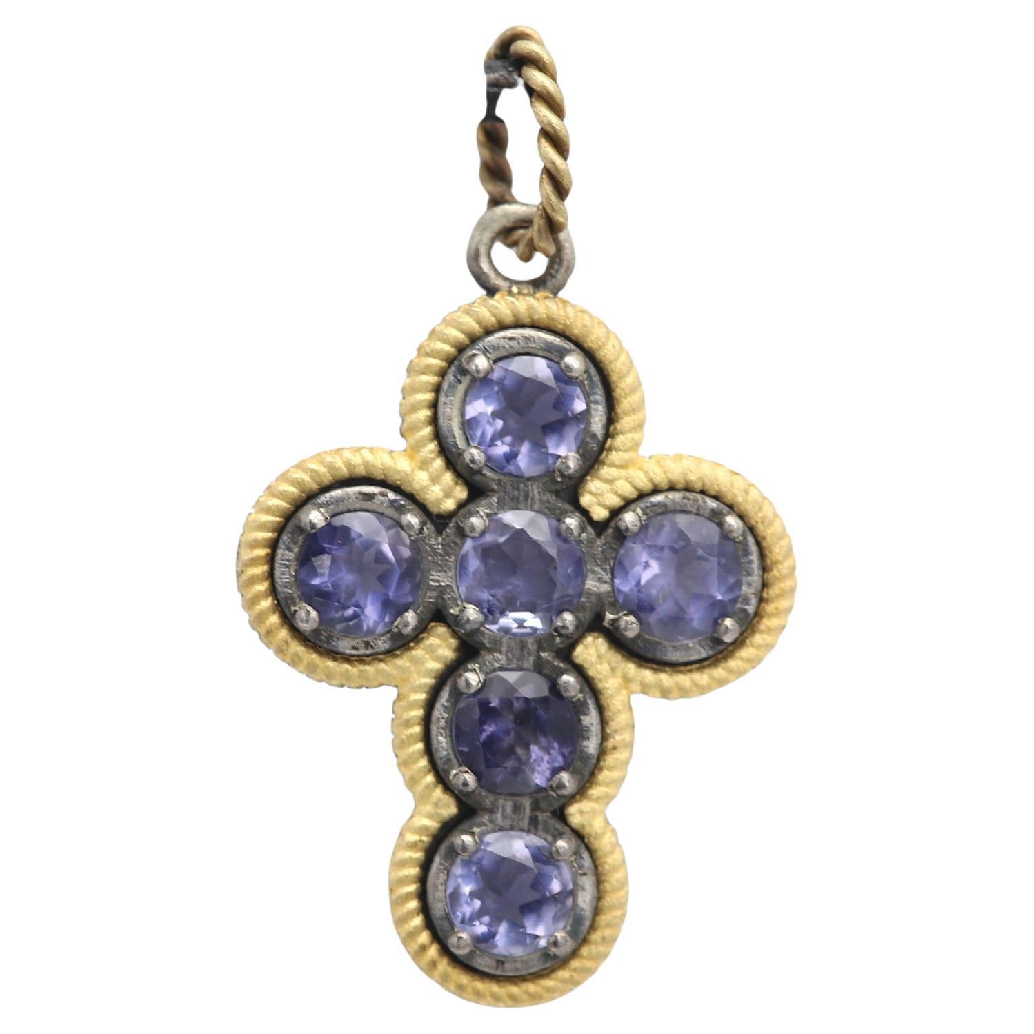 Blauer Iolith Vintage Kreuz 18 Karat zwei Ton Gold und Sterling Silber