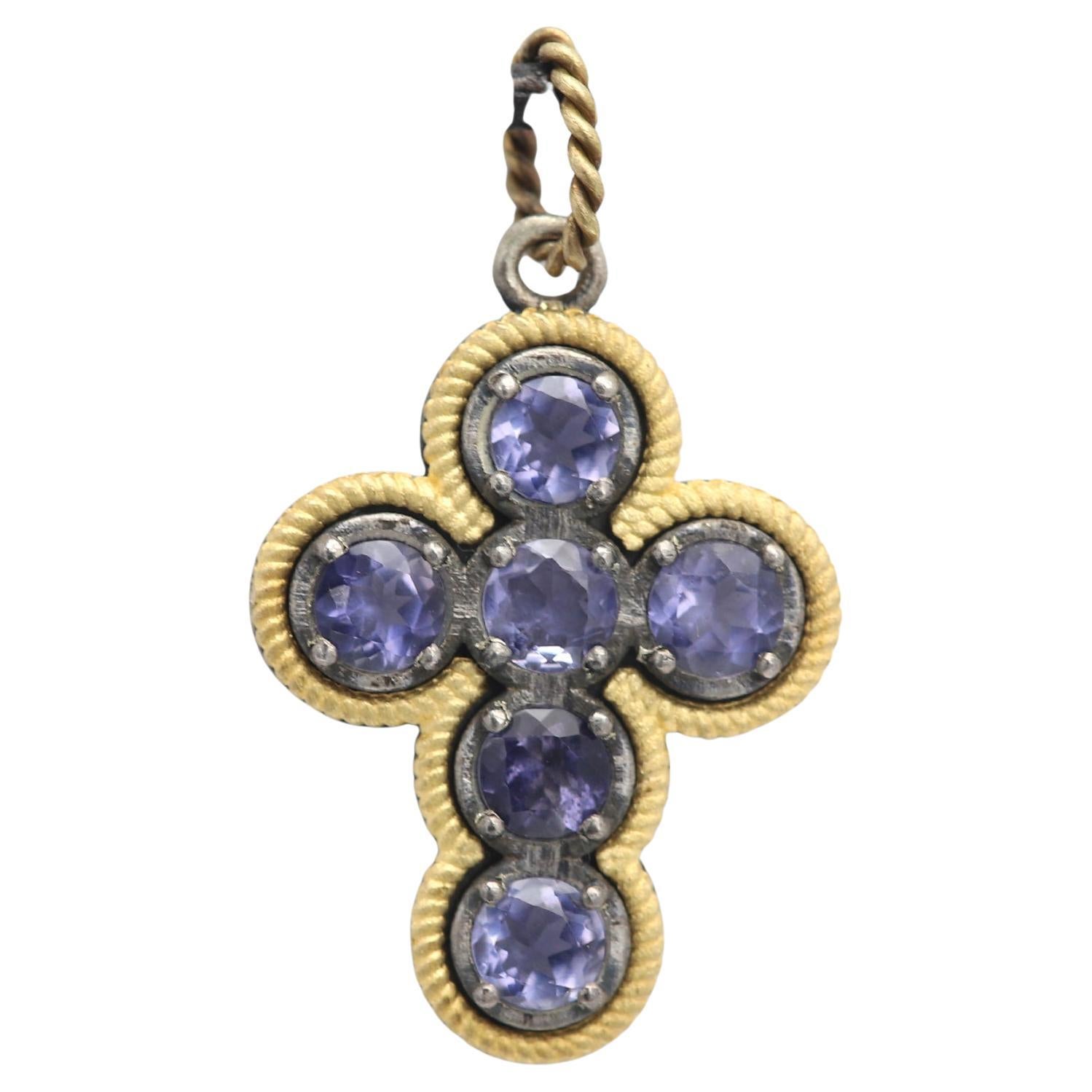 Croce d'epoca con iolite blu in oro bicolore 18 carati e argento sterling