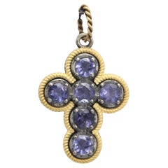 Croce d'epoca con iolite blu in oro bicolore 18 carati e argento sterling