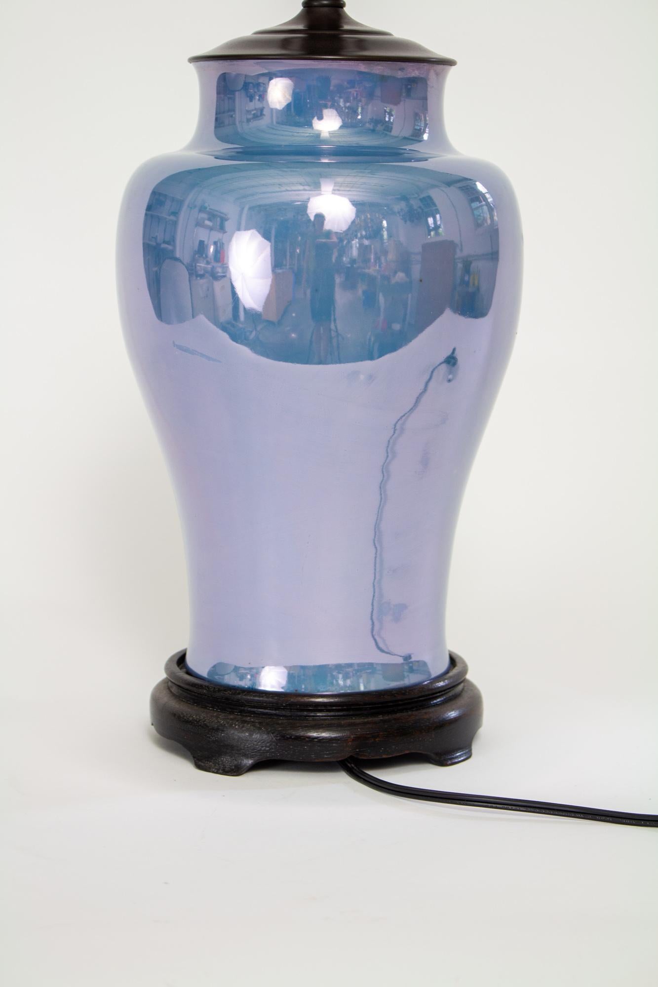 Pottery Blue Iridescent Table Lamp For Sale