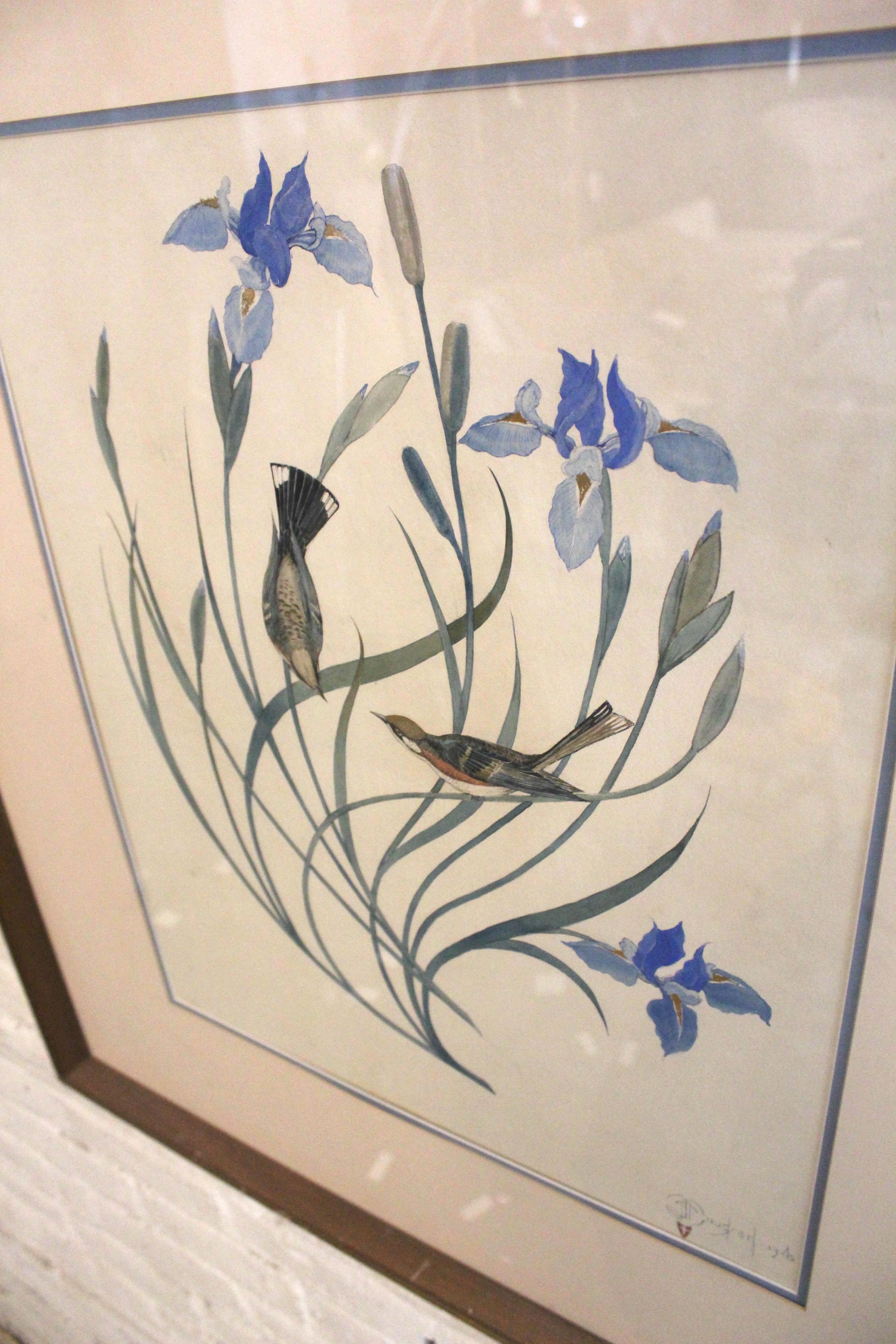 Watercolor of blue irises and small birds painted in 1945. Signed in calligraphic signature.
Please confirm location NY or NJ