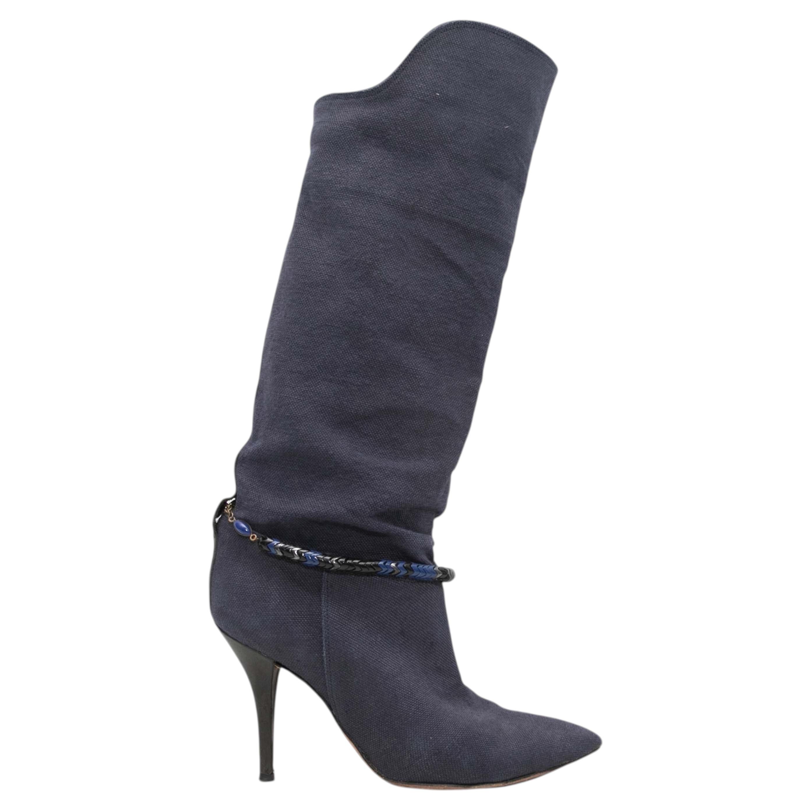 Blue Isabel Marant Canvas Knee-High Pointed-Toe Boots Size 39 For Sale