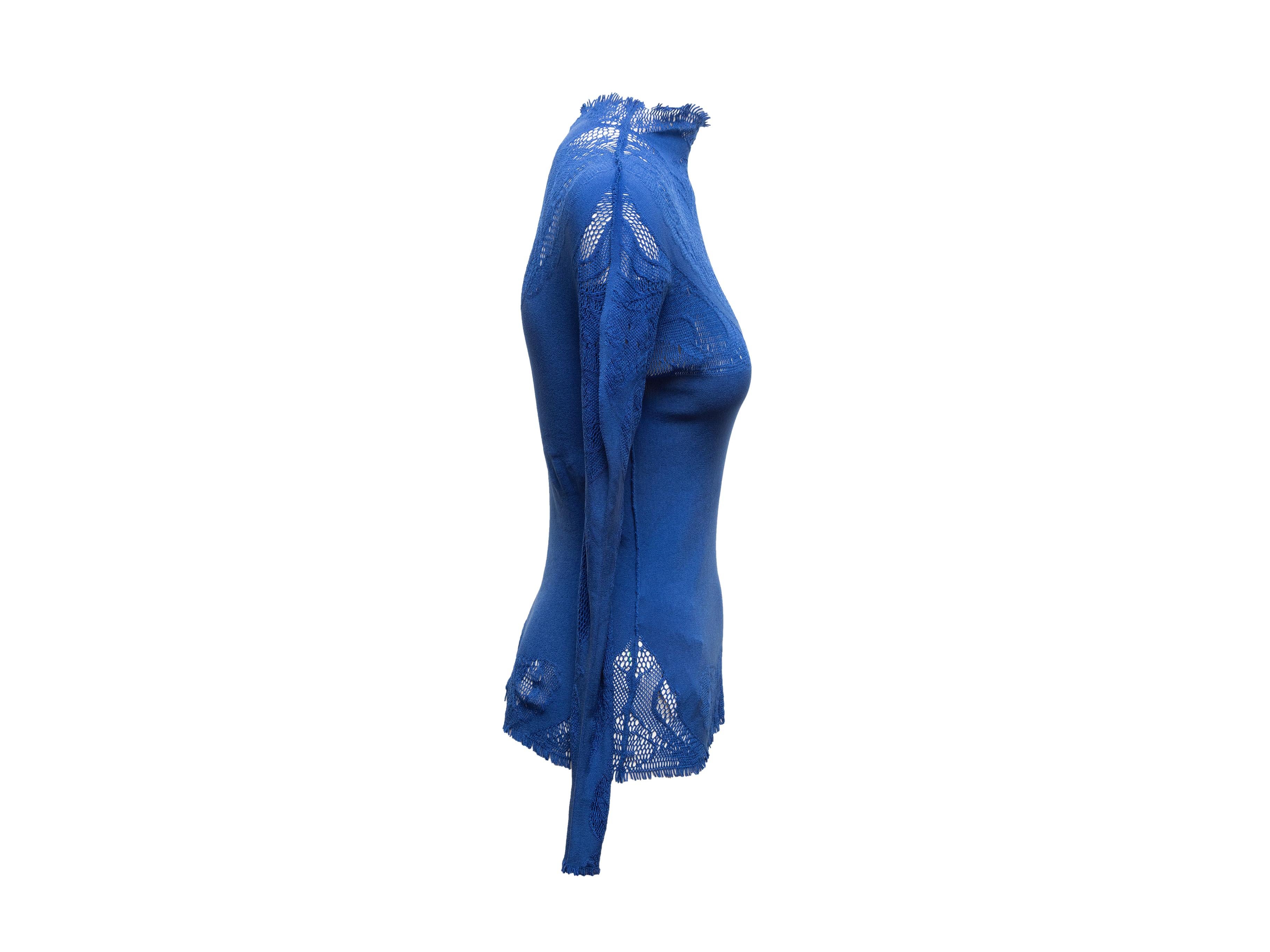 Blue knit and mesh long sleeve top by Issey Miyake A-POC. Mock neck. 27