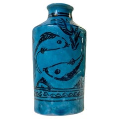 Blue Italian Ceramic Vase in the Style of Guido Gambone