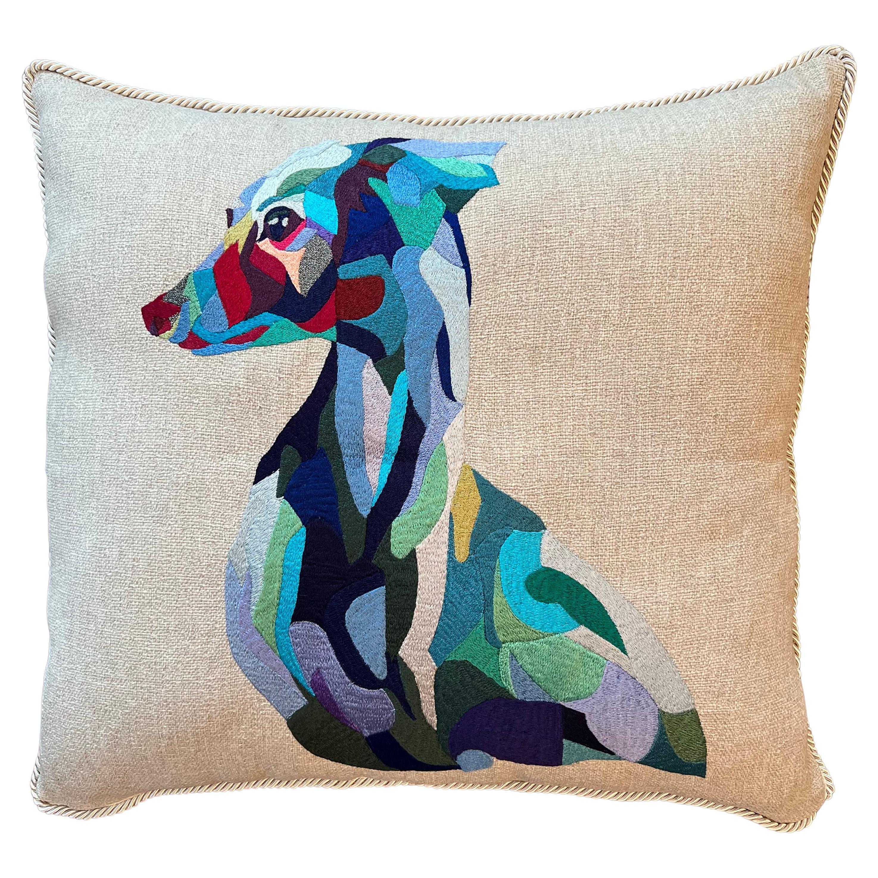Blue Italian Greyhound Embroidered Accent Pillow For Sale
