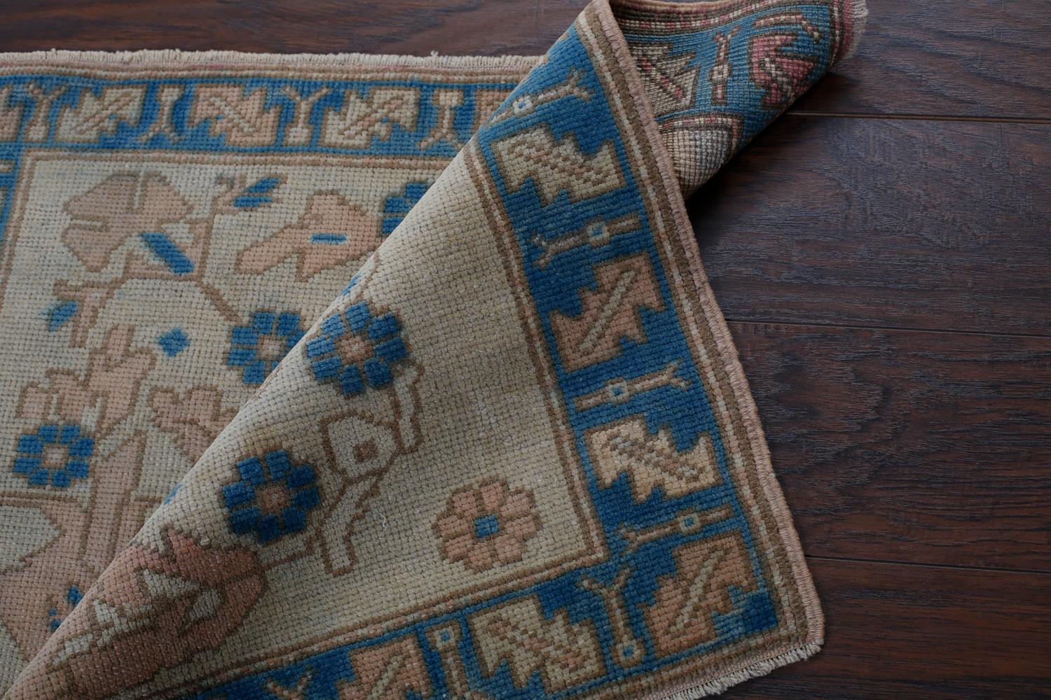 Hand-Knotted Blue, Ivory and Navy Handmade Wool Turkish Old Anatolian Konya Distressed Rug For Sale