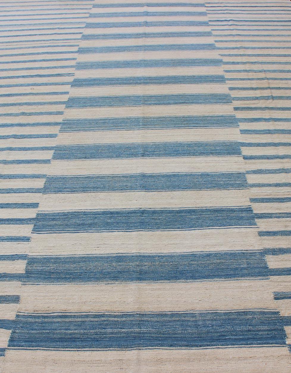 Blue, Ivory Casual Modern Flat-Weave Kilim Rug with Modern Design and Stripes 3