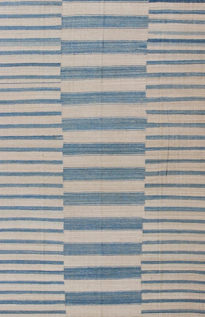 Afghan Blue, Ivory Casual Modern Flat-Weave Kilim Rug with Modern Design and Stripes