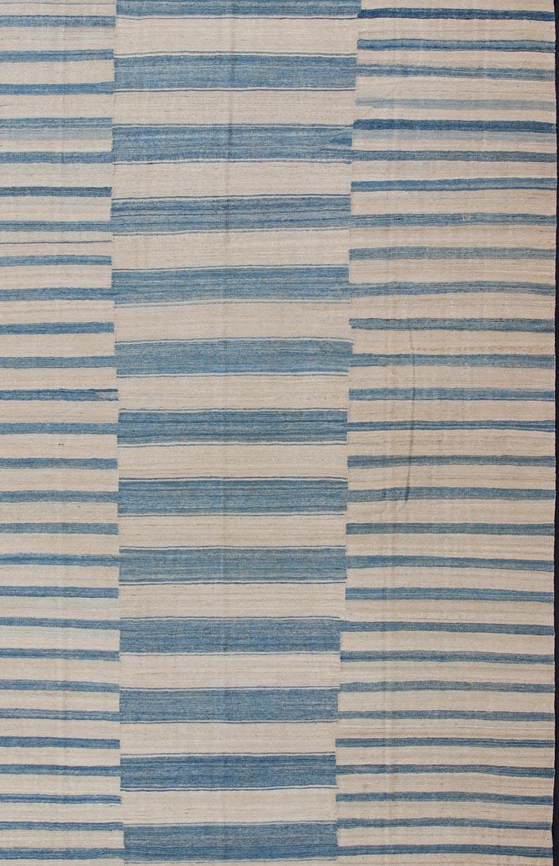 Hand-Woven Blue, Ivory Casual Modern Flat-Weave Kilim Rug with Modern Design and Stripes