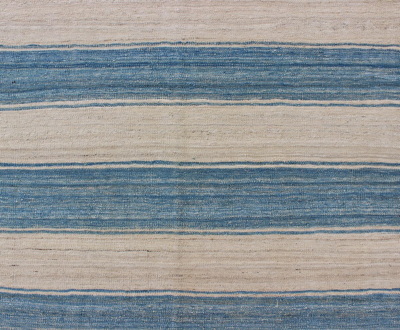 Contemporary Blue, Ivory Casual Modern Flat-Weave Kilim Rug with Modern Design and Stripes