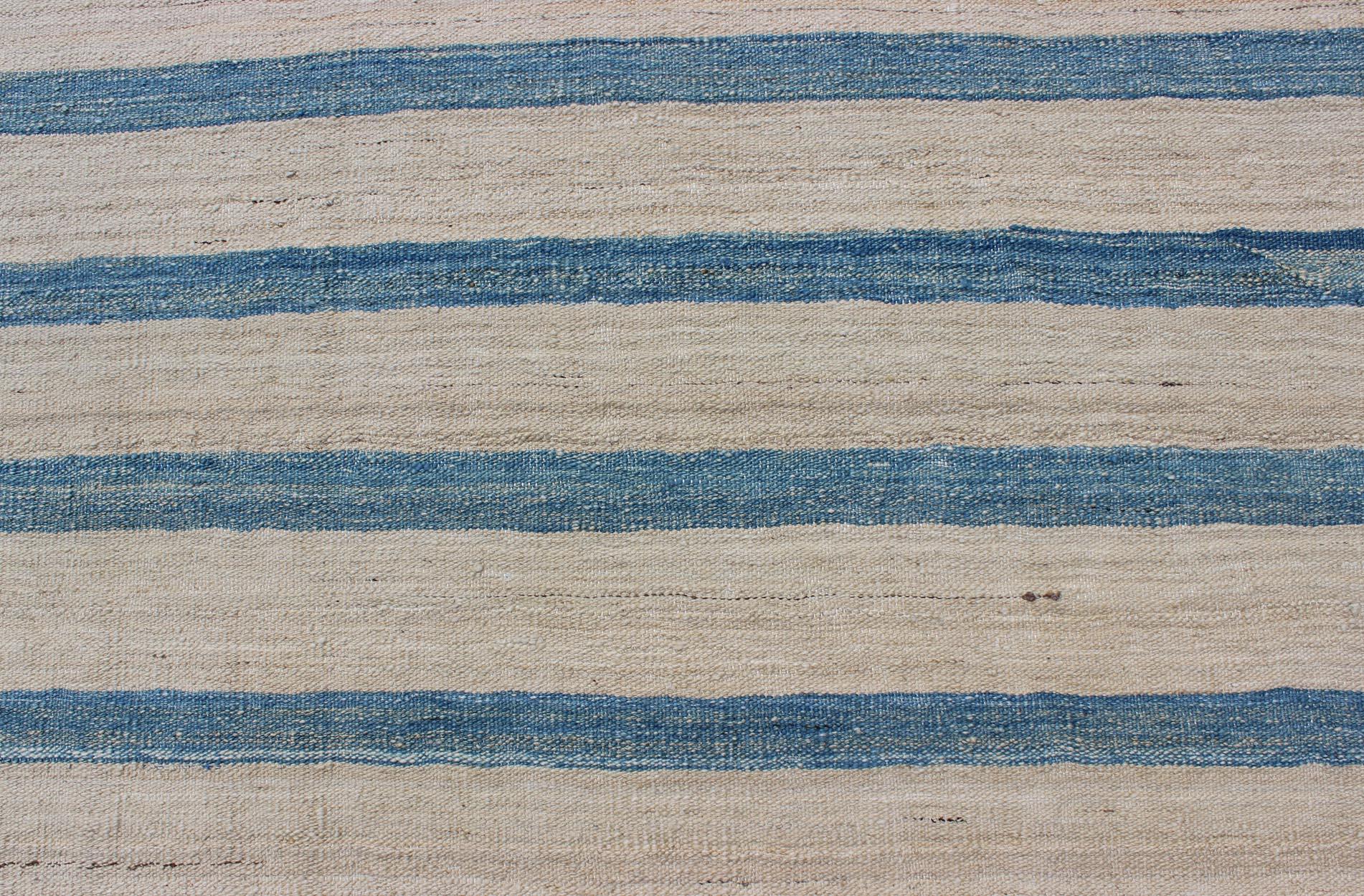 Wool Blue, Ivory Casual Modern Flat-Weave Kilim Rug with Modern Design and Stripes