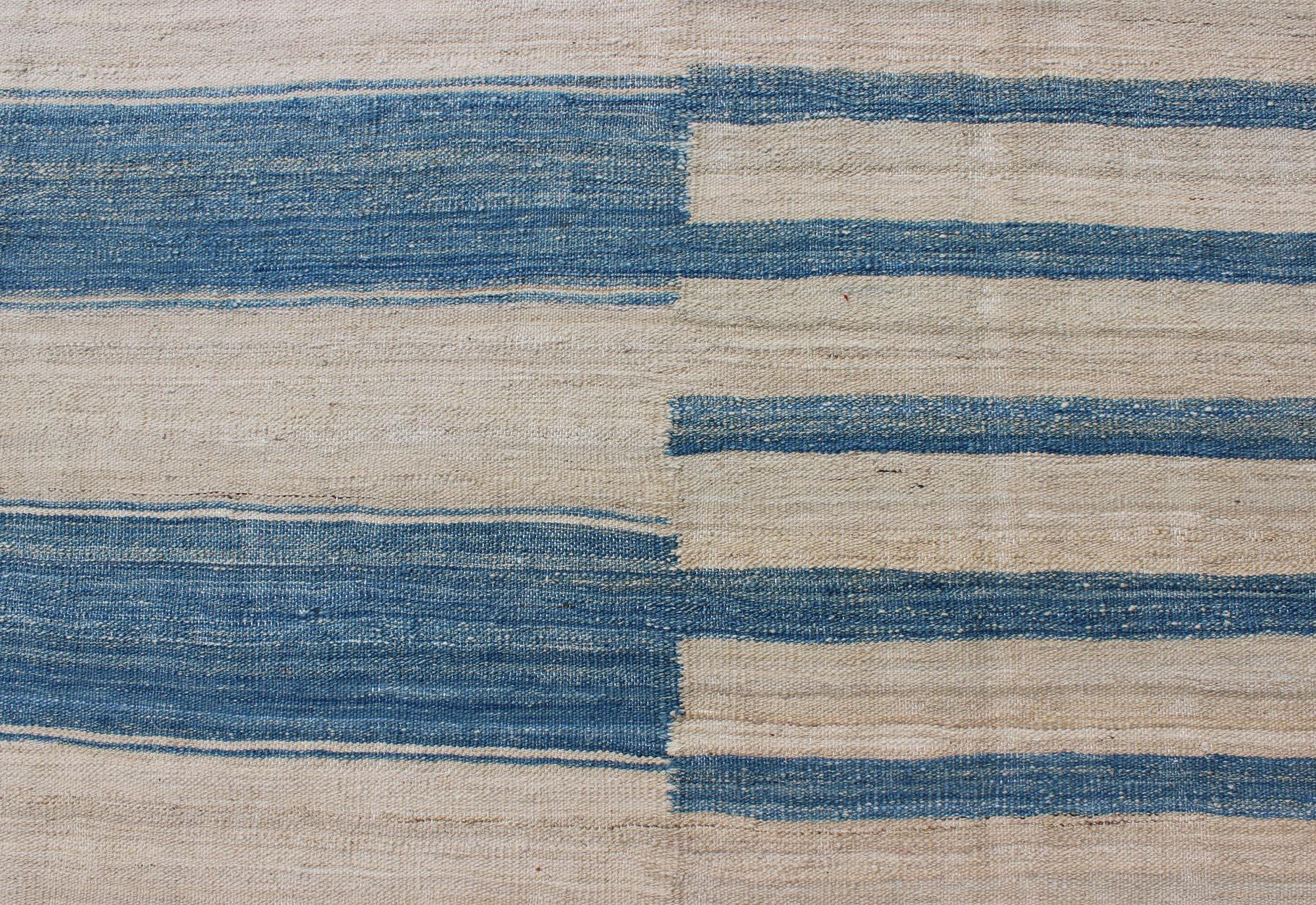 Blue, Ivory Casual Modern Flat-Weave Kilim Rug with Modern Design and Stripes 1