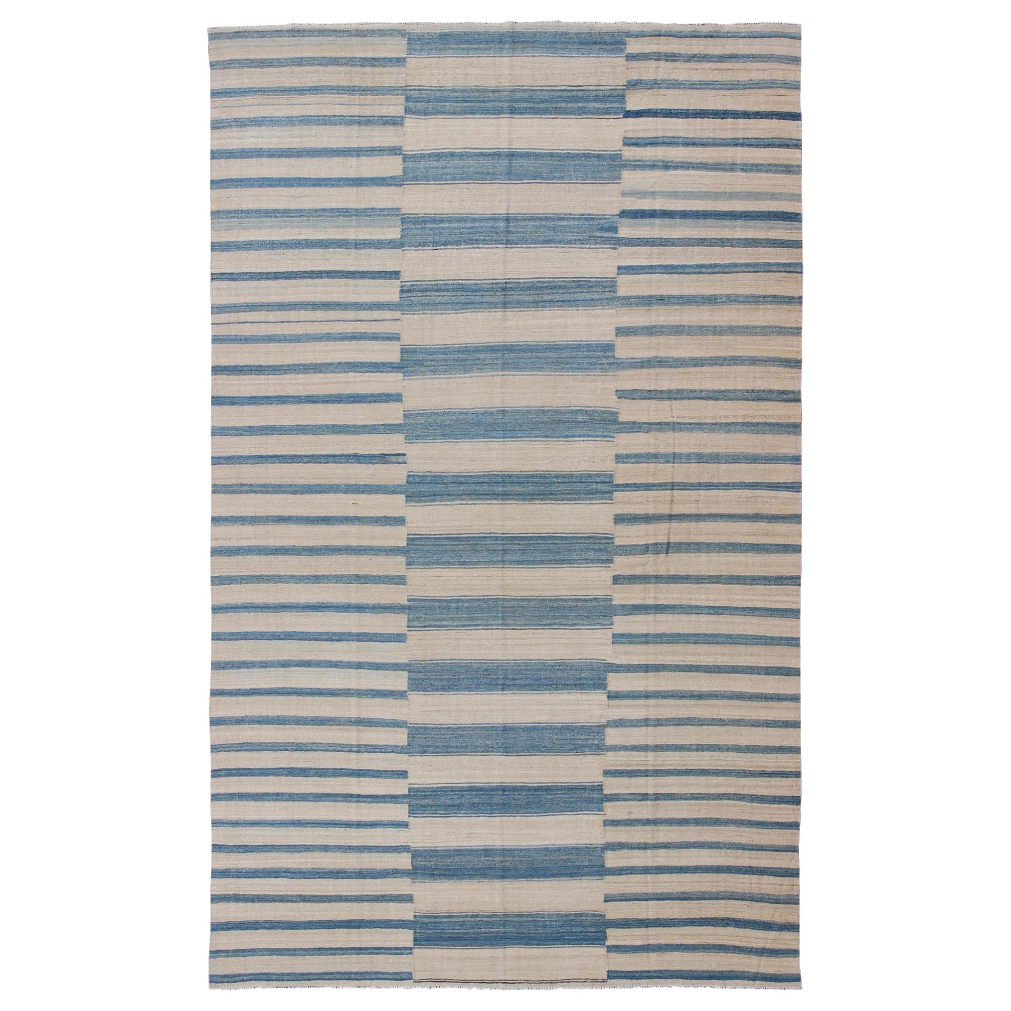 Blue, Ivory Casual Modern Flat-Weave Kilim Rug with Modern Design and Stripes