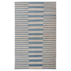 Blue, Ivory Casual Modern Flat-Weave Kilim Rug with Modern Design and Stripes