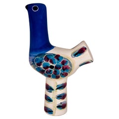Retro Blue, Ivory, Red and Black Abstract Zoomorphic Glazed Ceramic Bird Sculpture