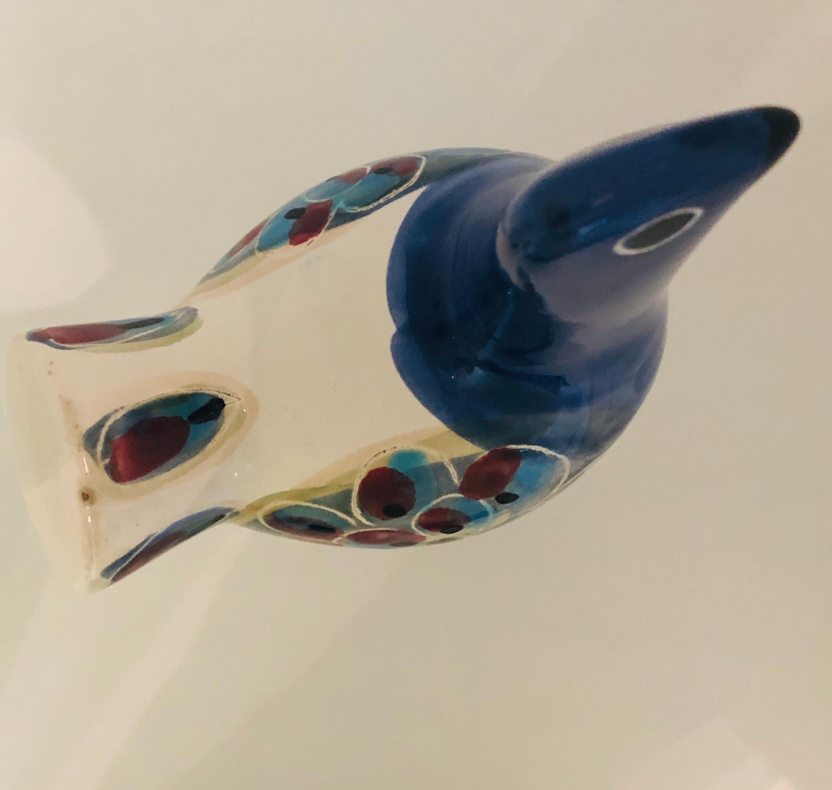 Blue, Ivory, Red and Black Abstract Zoomorphic Glazed Ceramic Bird Sculpture 12