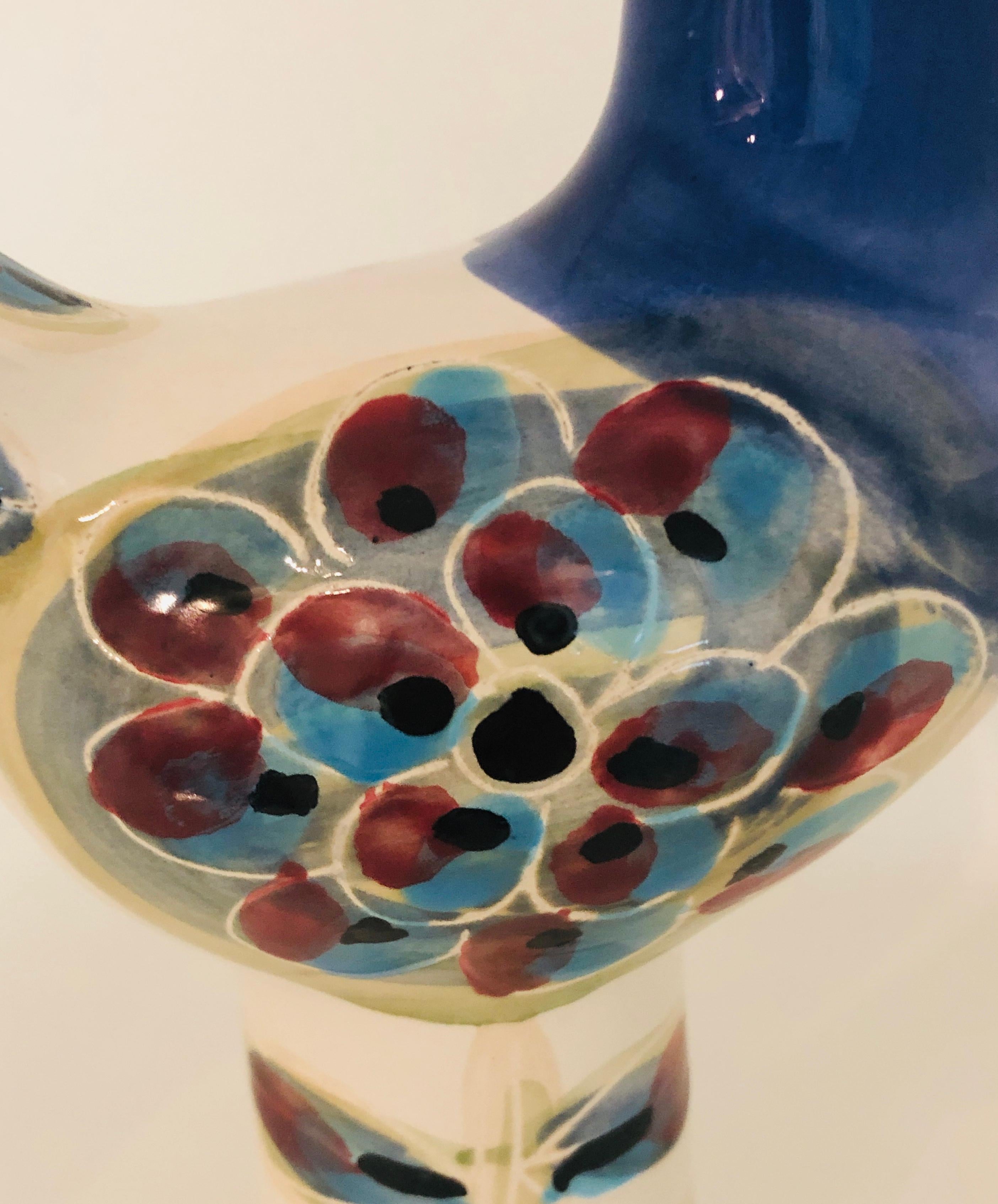 Blue, Ivory, Red and Black Abstract Zoomorphic Glazed Ceramic Bird Sculpture 13