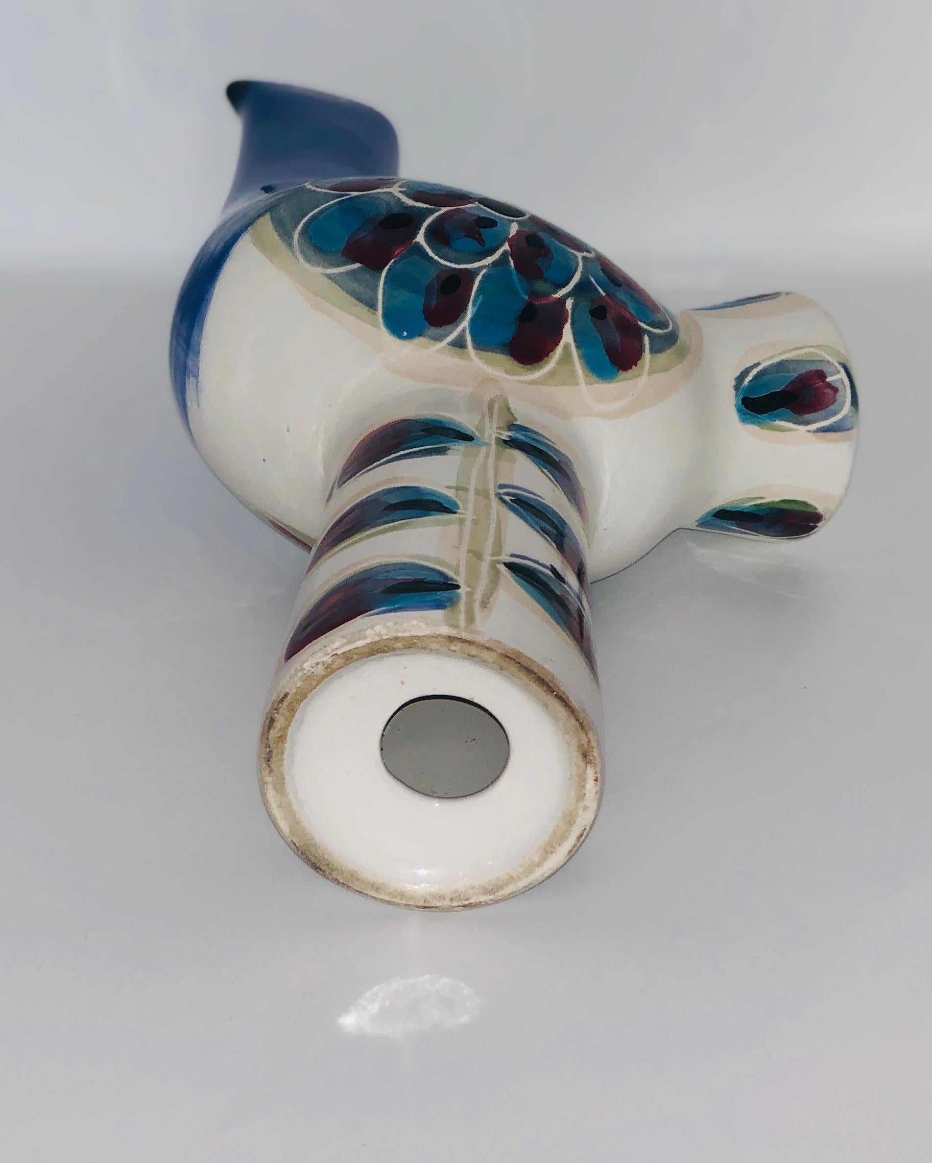 20th Century Blue, Ivory, Red and Black Abstract Zoomorphic Glazed Ceramic Bird Sculpture