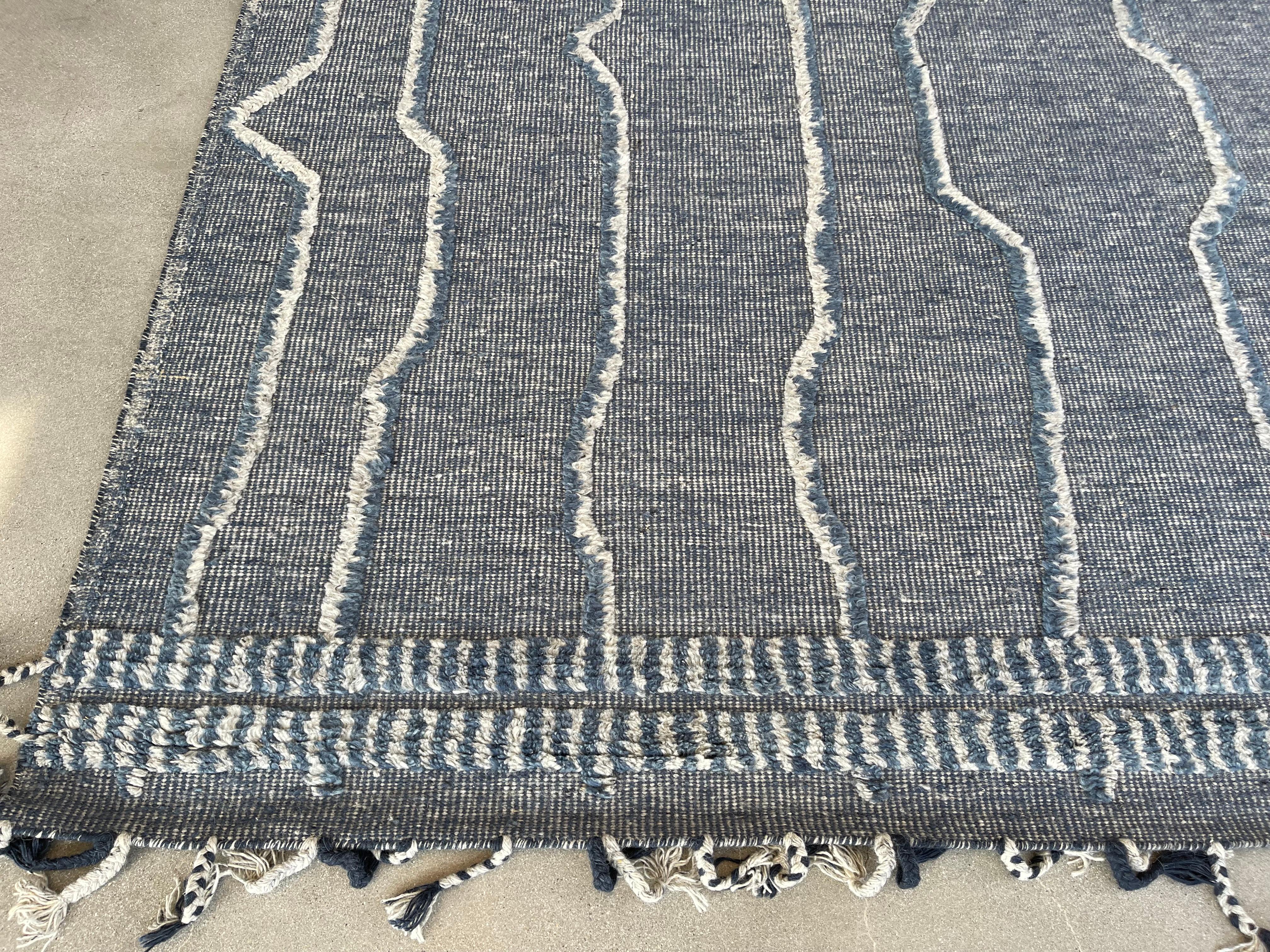 Blue & Ivory Striped Moroccan Design Area Rug For Sale 3
