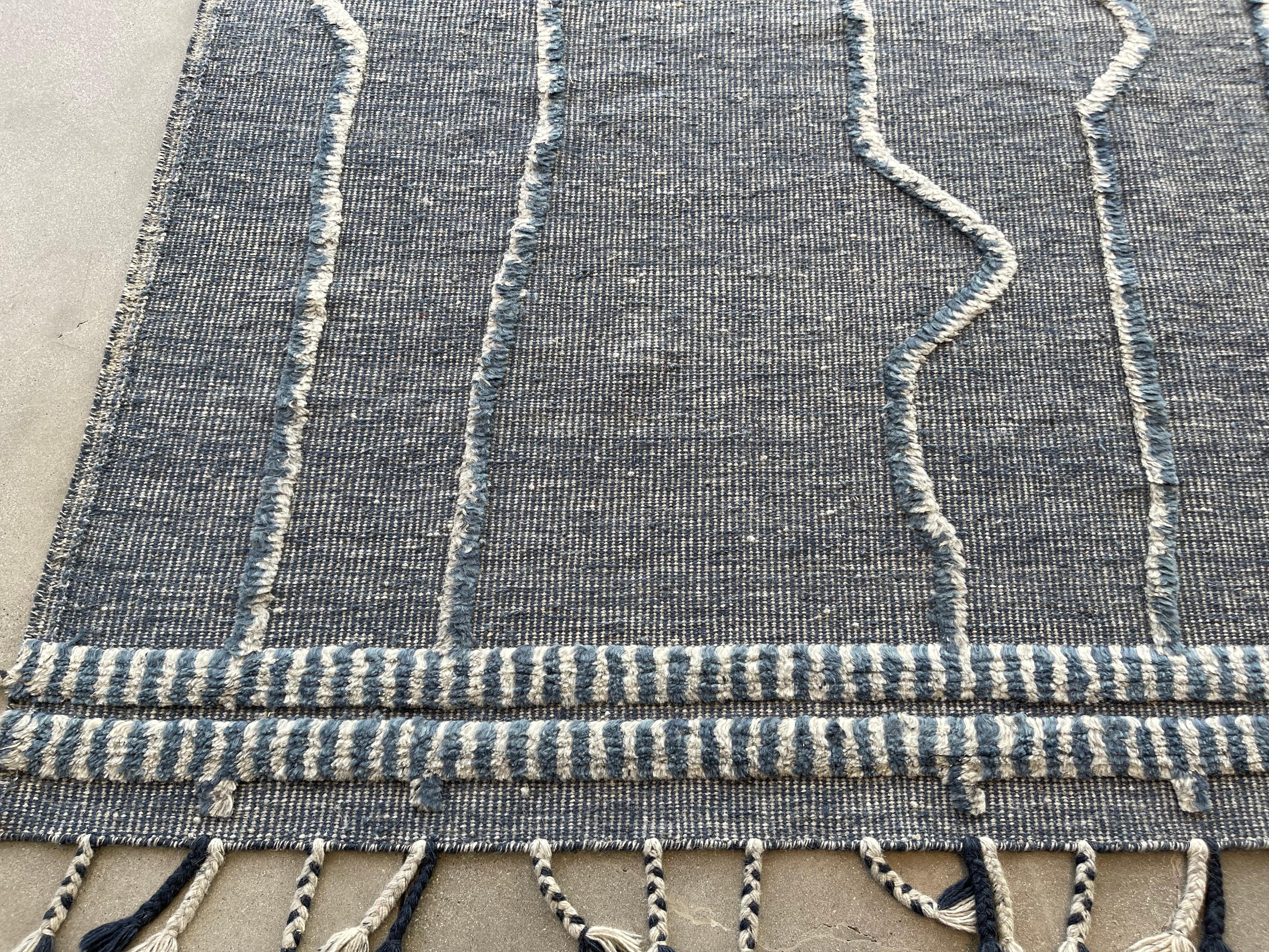 Hand-Knotted Blue & Ivory Striped Moroccan Design Area Rug For Sale