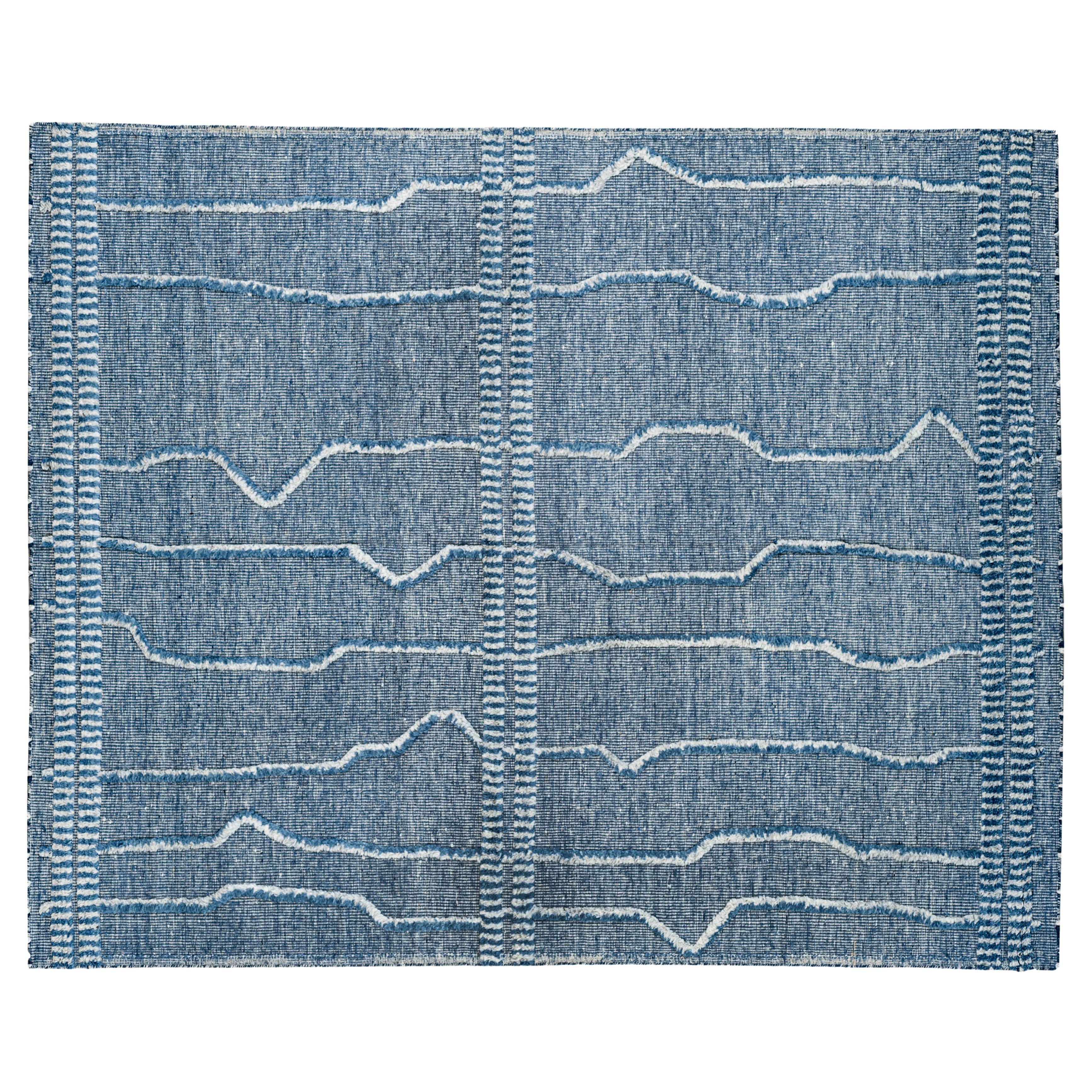 Blue & Ivory Striped Moroccan Design Area Rug For Sale