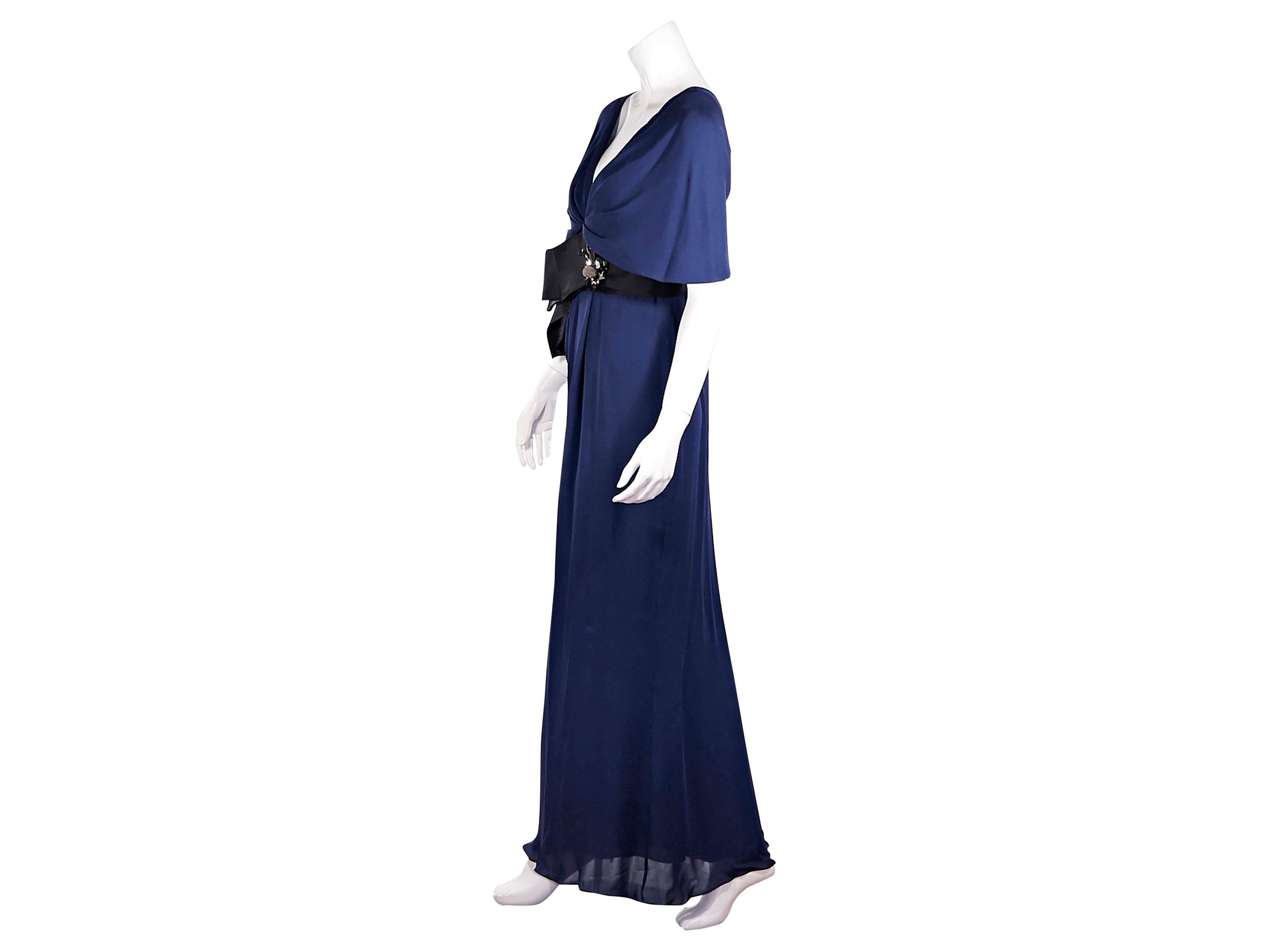 Product details:  Blue belt-accented silk maxi dress by J. Mendel. Plunging V-neck. Short sleeves. Embellished belt at waist. Gathered at side. Concealed back zip closure.  Wear with patent leather pumps. 24