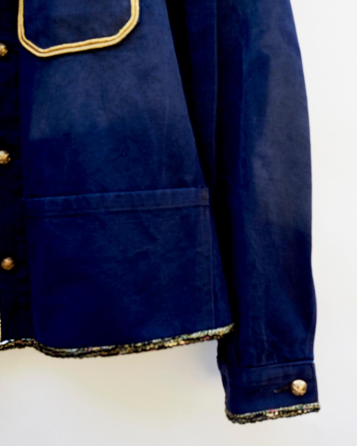 Women's Blue Jacket Embellished Cropped French Work Wear Lurex Tweed J Dauphin For Sale
