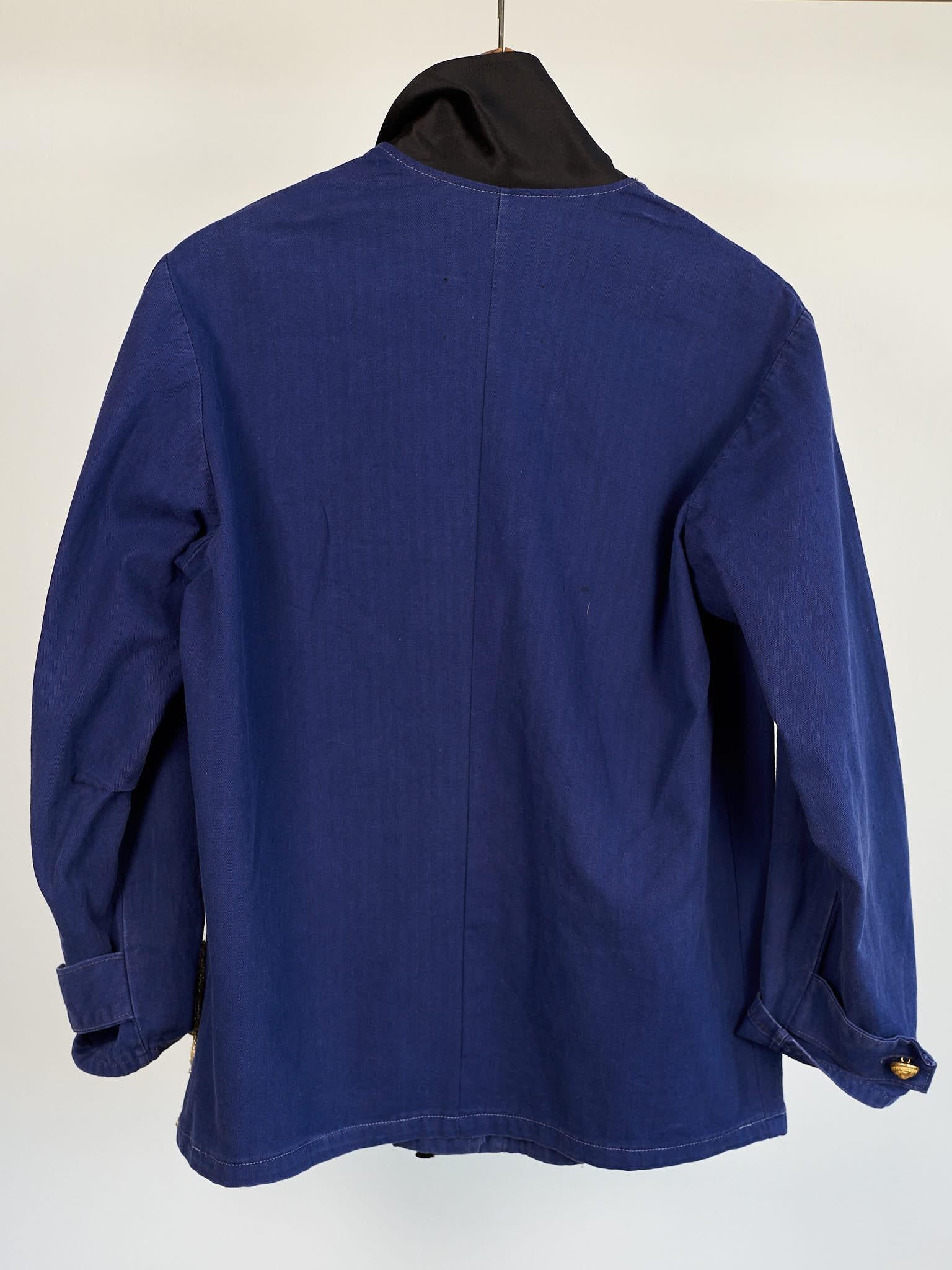Blue Jacket Gold Lurex Tweed Jacket Work Wear France Repurposed Medium In New Condition In Los Angeles, CA
