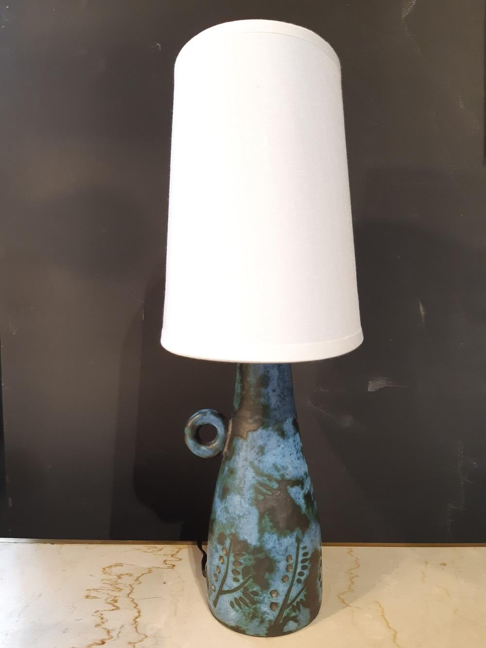 French Blue Jacques Blin Ceramic Lamp France Midcentury, 1950