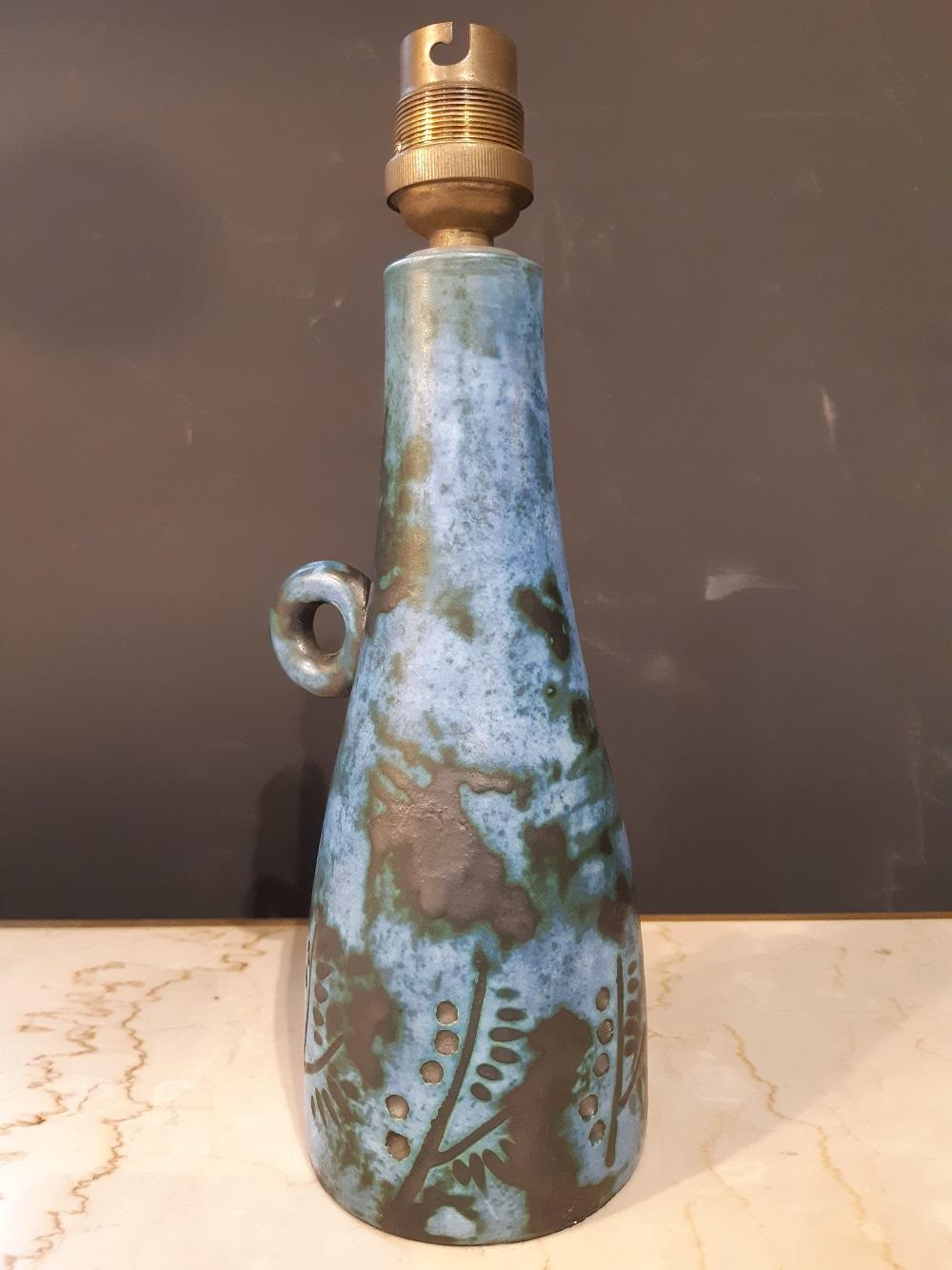 Blue Jacques Blin Ceramic Lamp France Midcentury, 1950 4