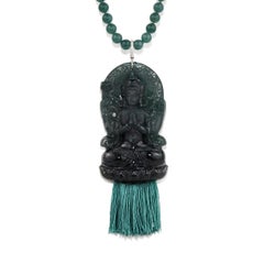 Blue Jadeite and Diamond Mala / Prayer / Meditation Quan Yin Necklace 18K WG