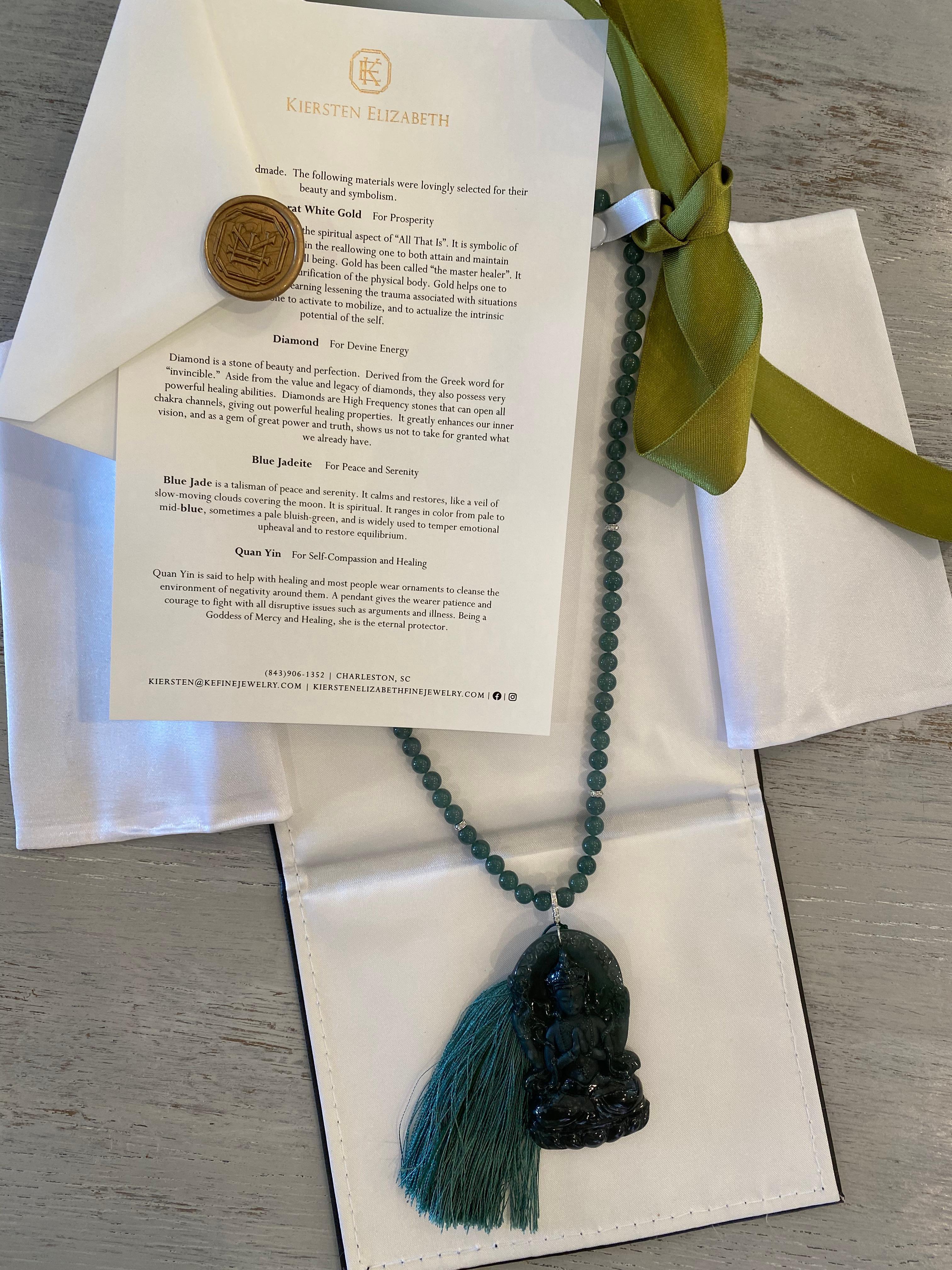 Artisan Blue Jadeite and Diamond Mala / Prayer / Meditation Quan Yin Necklace 18K WG