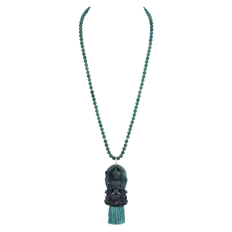 Blue Jadeite and Diamond Mala / Prayer / Meditation Quan Yin Necklace