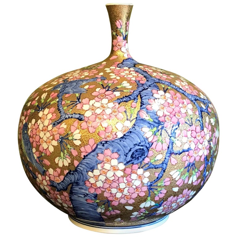 Blue Japanese Imari Gilded Porcelain Vase by Contemporary Master Artist For Sale