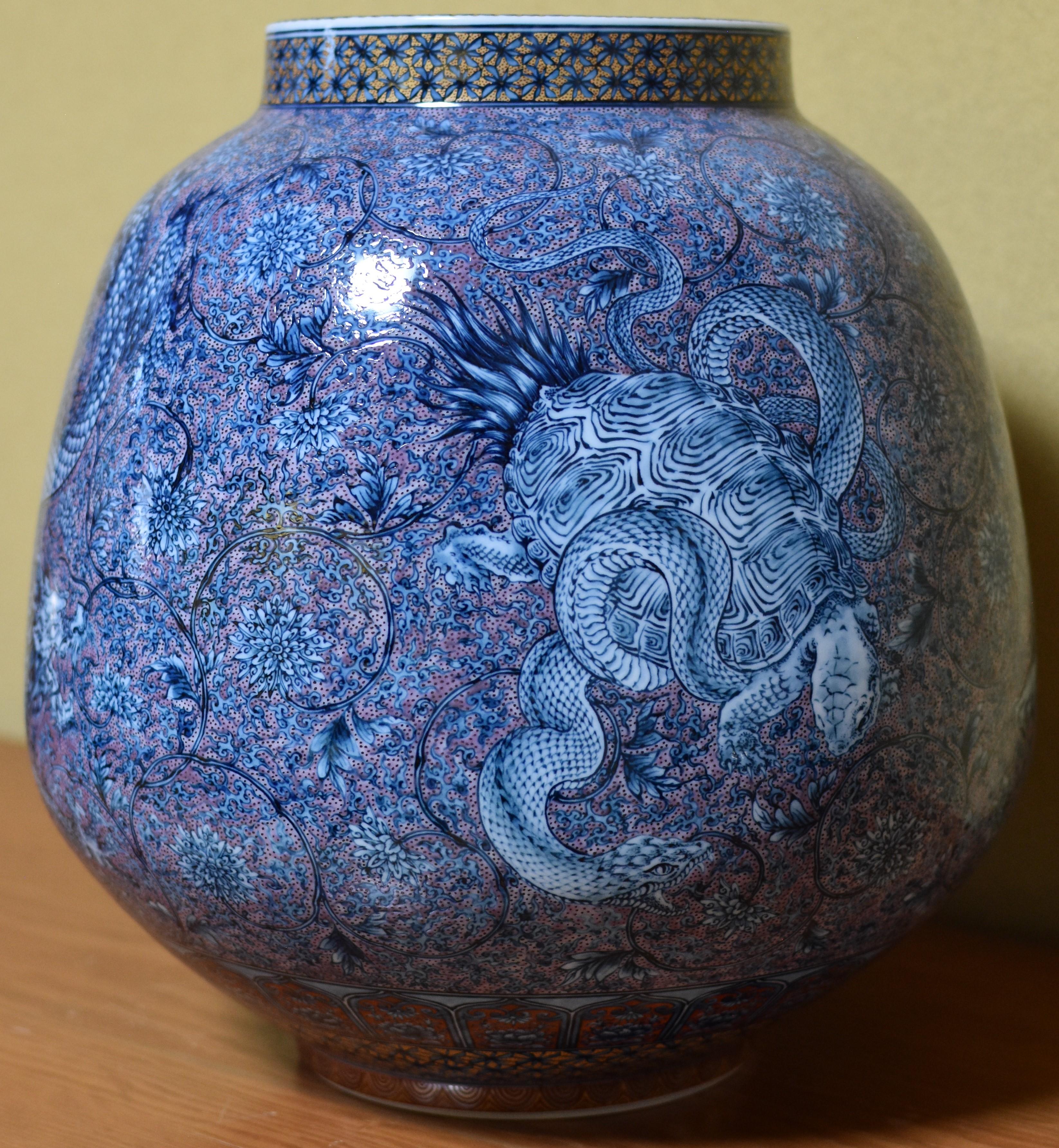 Hand-Painted Japanese Contemporary Blue Pink Porcelain Vase by Master Artist Duo For Sale