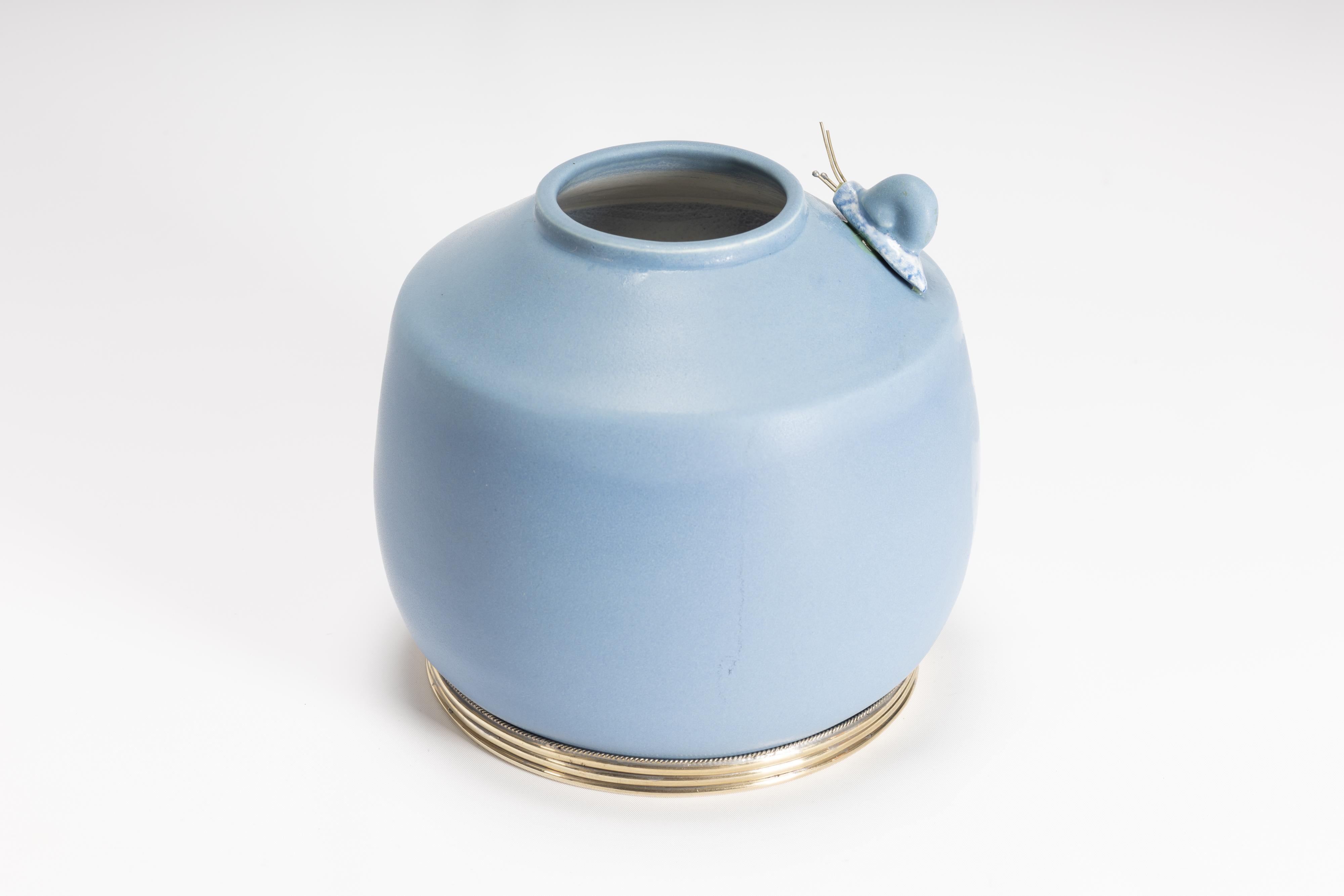 Mexican Blue Jar by Estudio Guerrero, Glazed Ceramic and White Metal